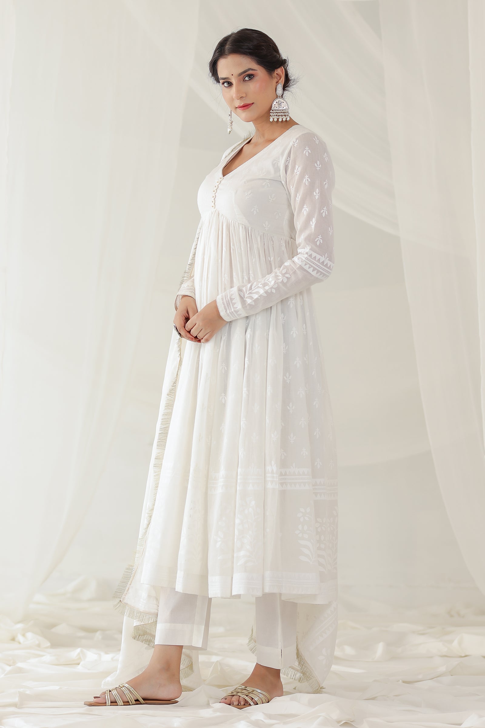 Khwabeeda All White Full Sleeves Anarkali Set (RTS)