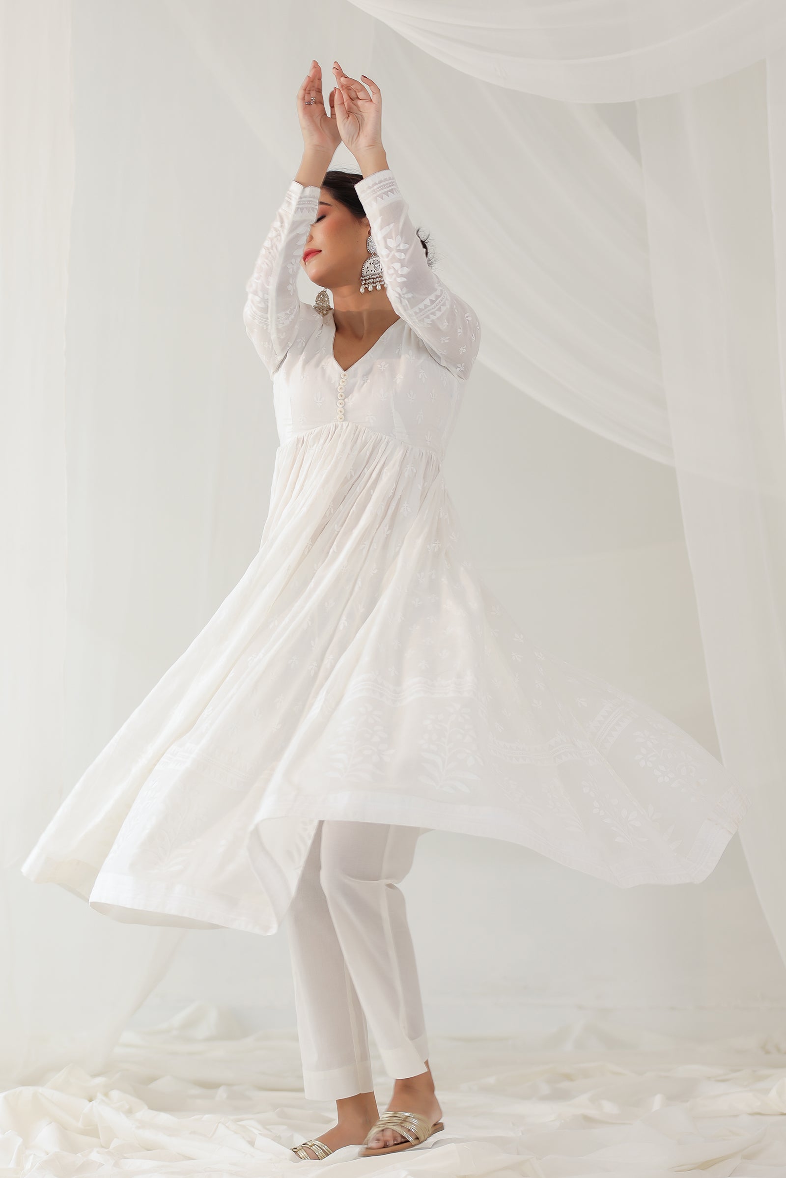 Khwabeeda All White Full Sleeves Anarkali Set (RTS)