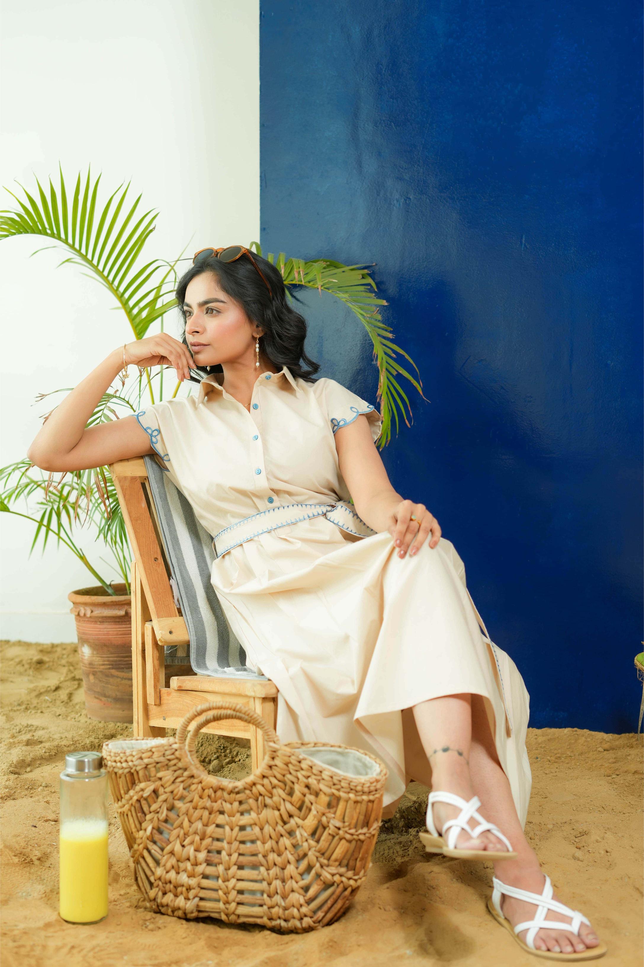 BEIGE POPLIN SHIRT DRESS WITH EMBROIDERED BELT