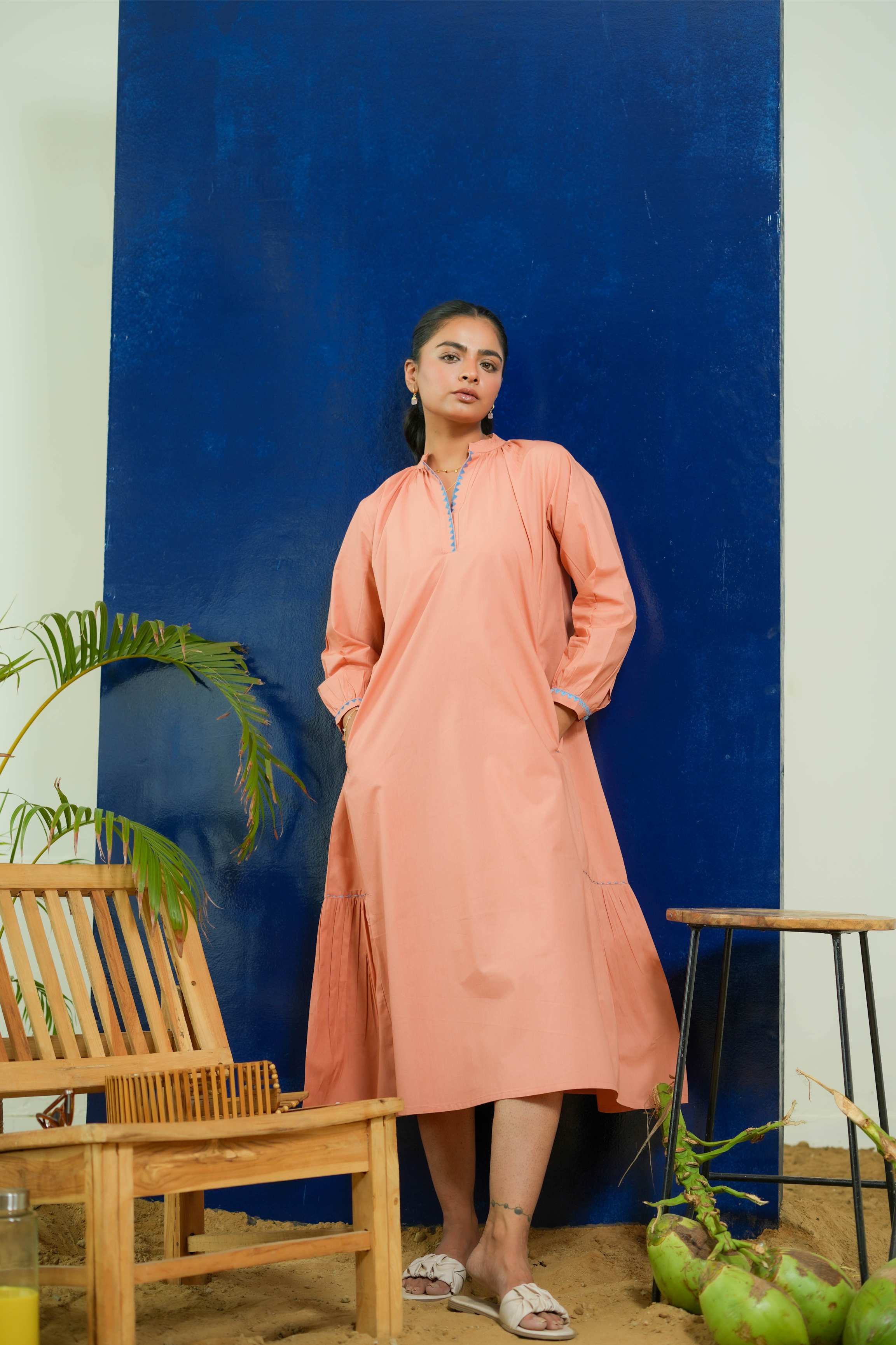 SALMON CALF LENGTH DRESS