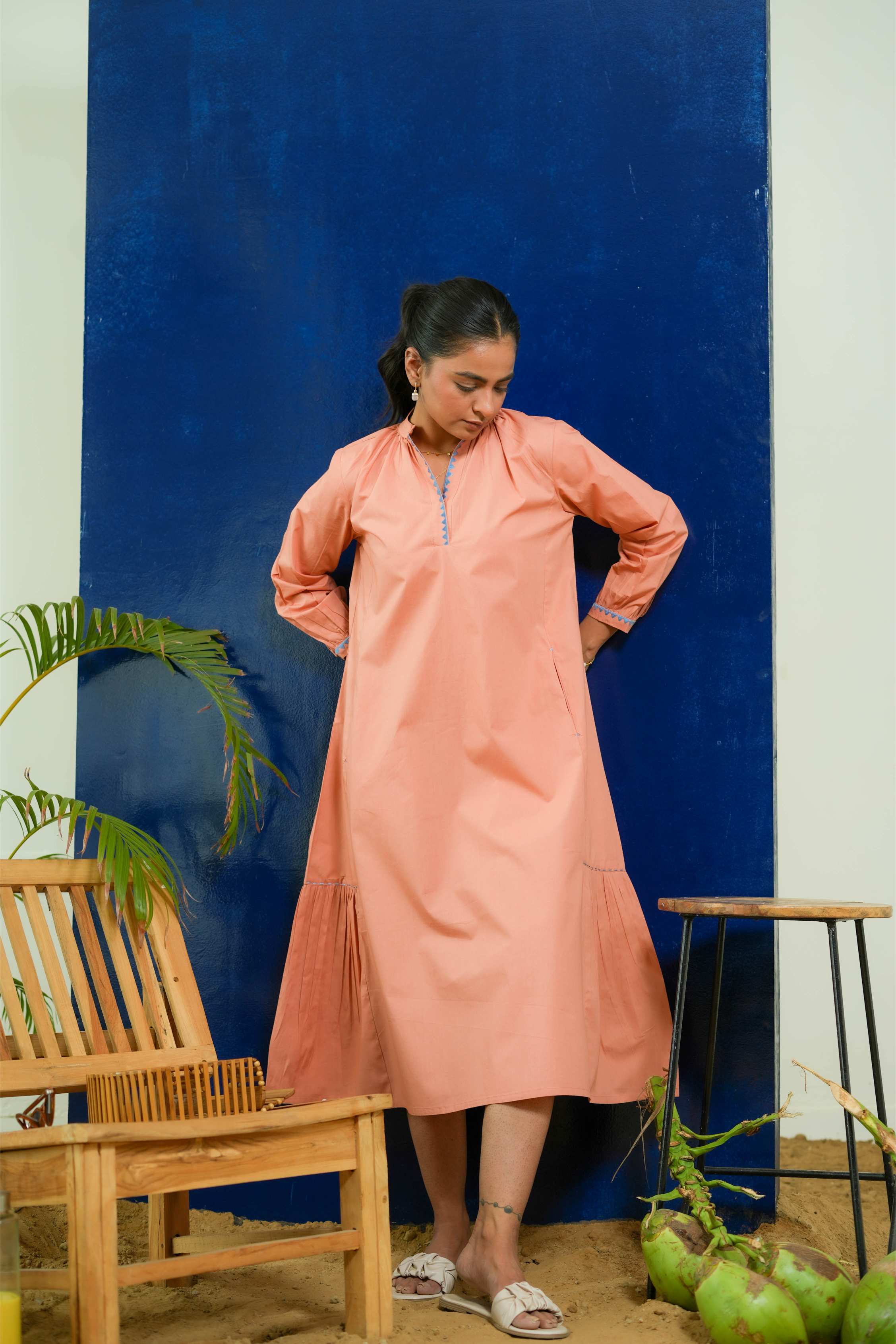 SALMON CALF LENGTH DRESS