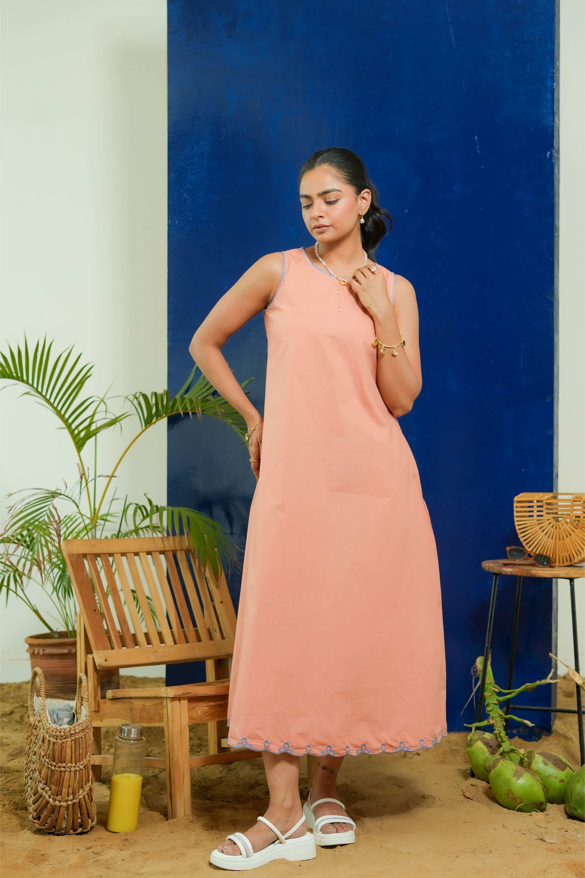 SALMON ROUND NECK A-LINE DRESS