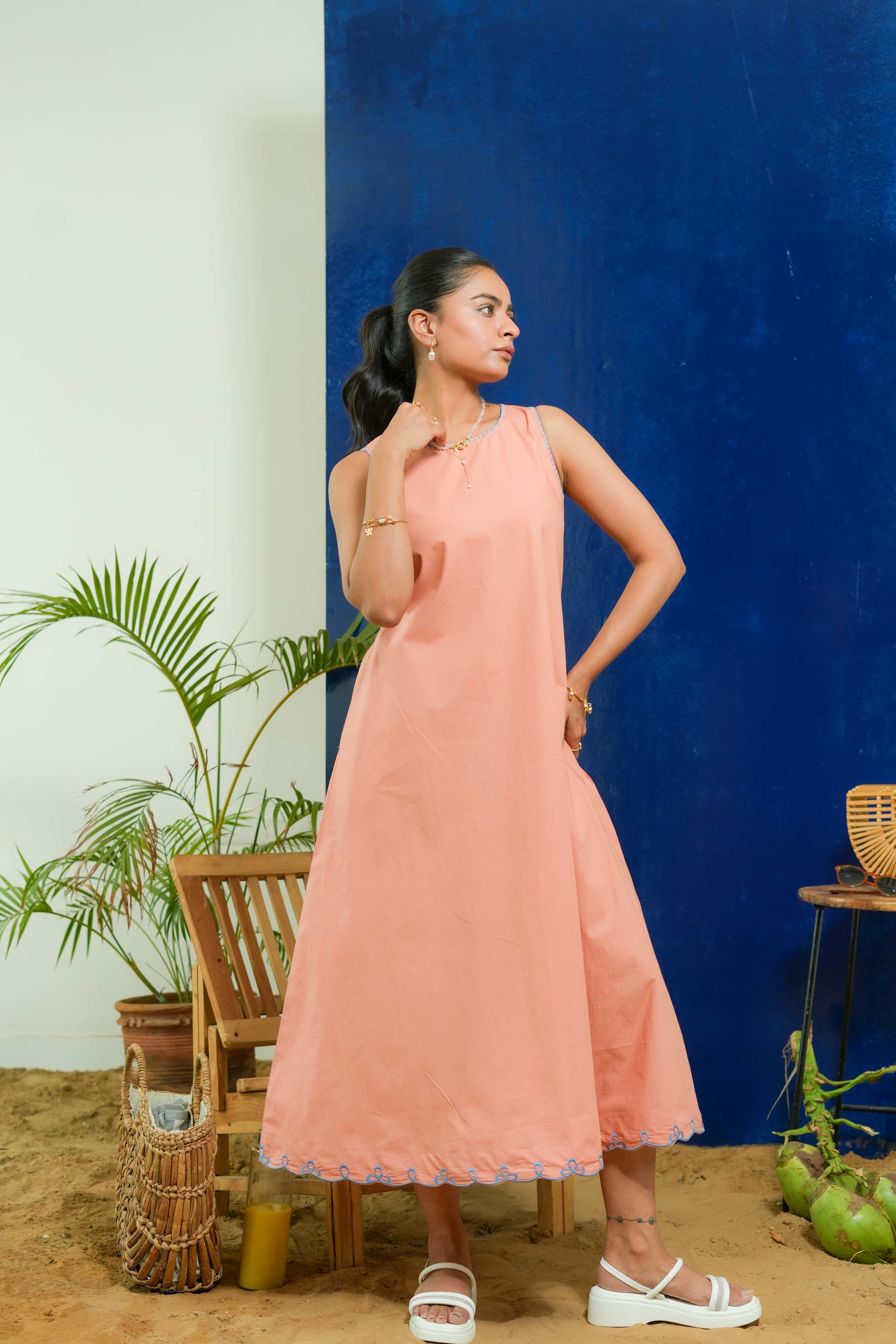 SALMON ROUND NECK A-LINE DRESS