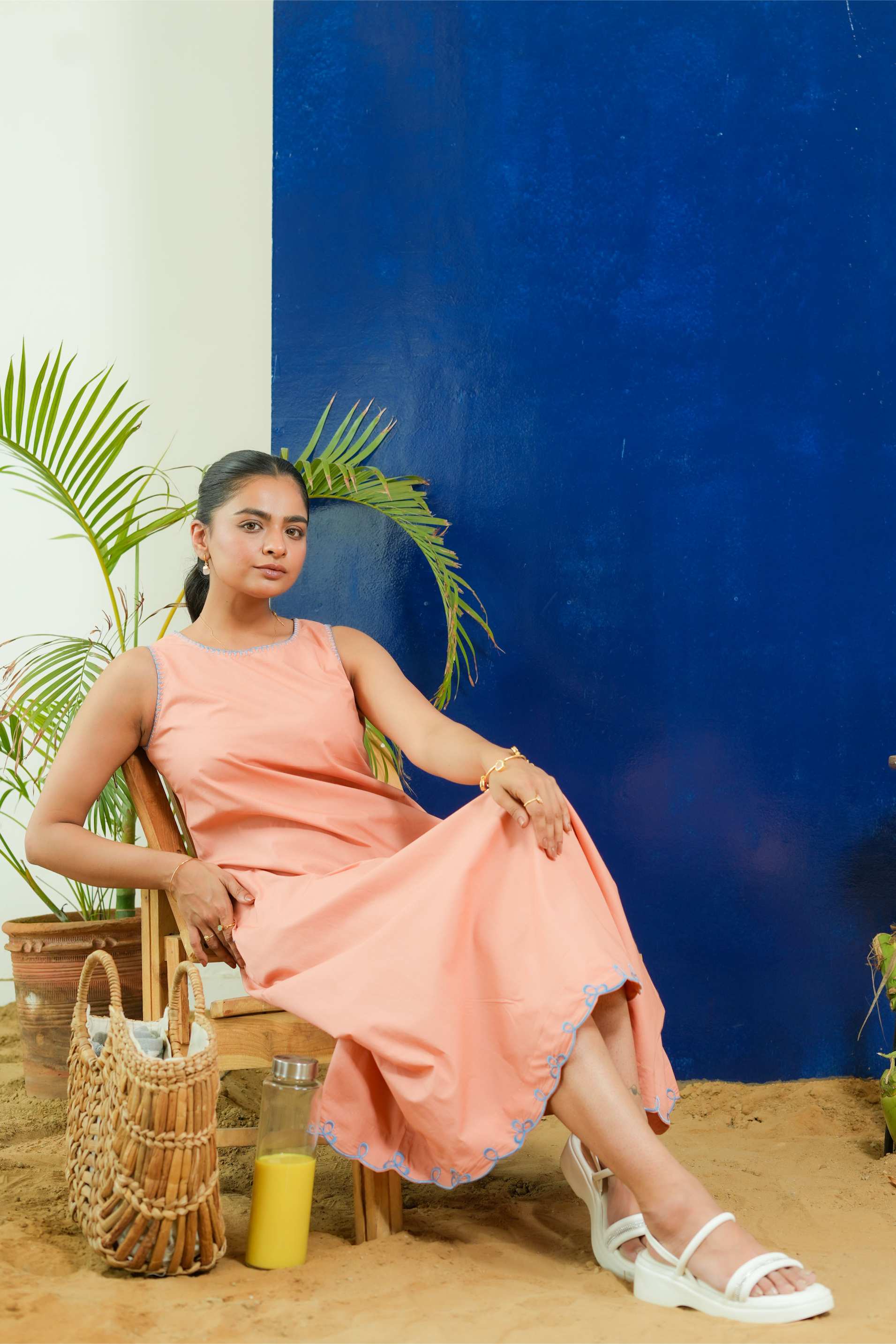 SALMON ROUND NECK A-LINE DRESS