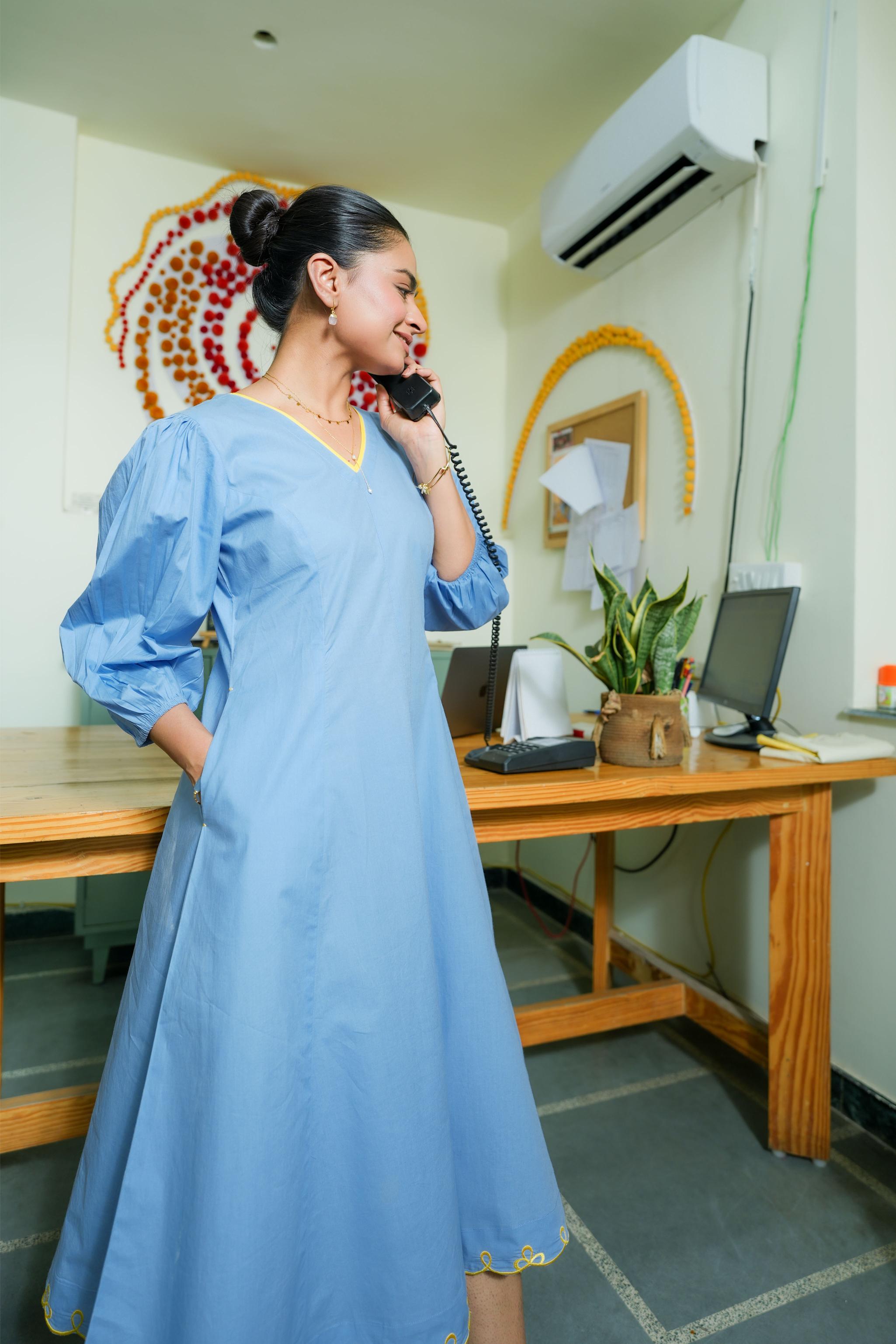 BUBBLEGUM POWDER BLUE POPLIN PUFF SLEEVES MIDI DRESS