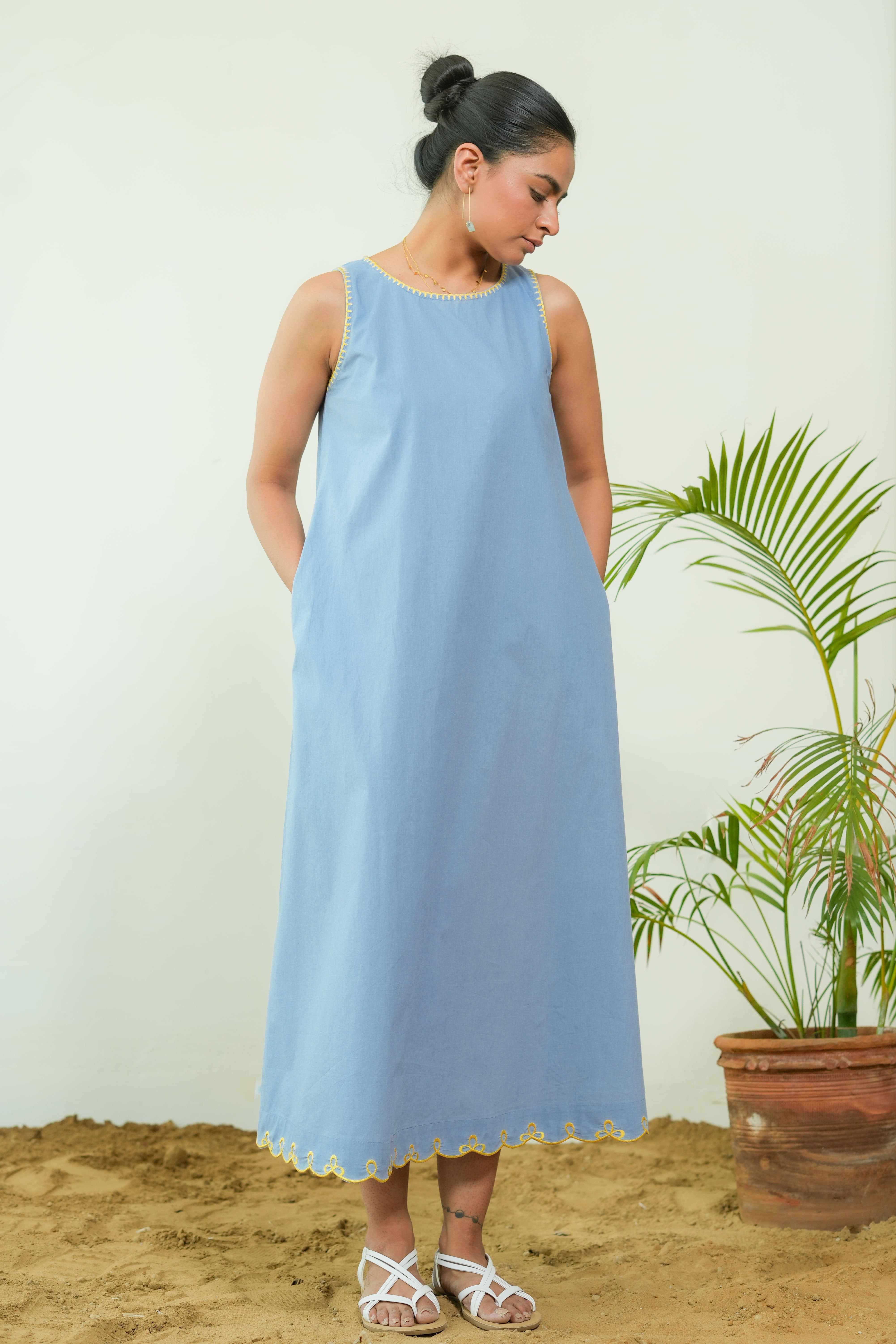 POWDER BLUE ROUND NECK A-LINE DRESS