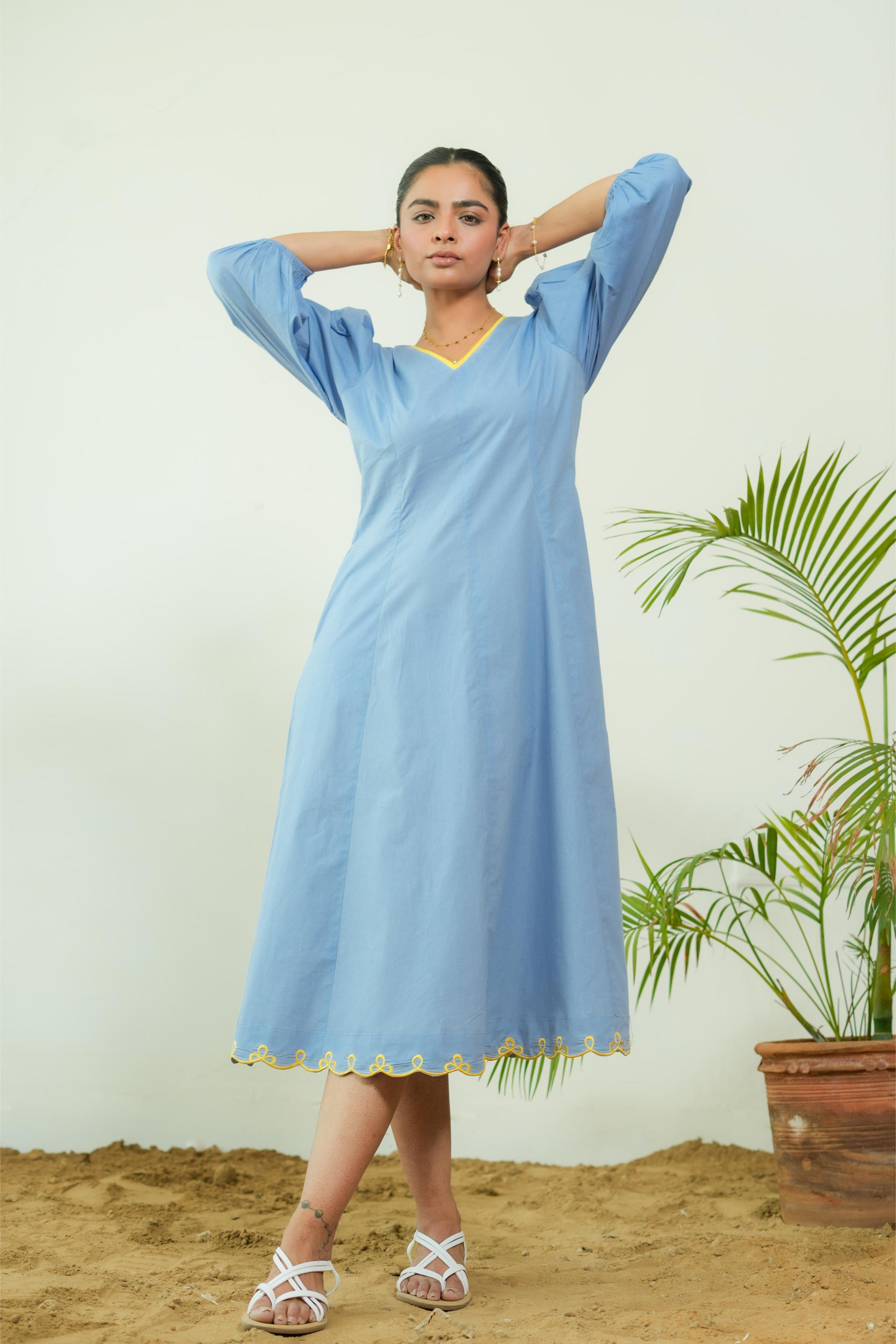 BUBBLEGUM POWDER BLUE POPLIN PUFF SLEEVES MIDI DRESS