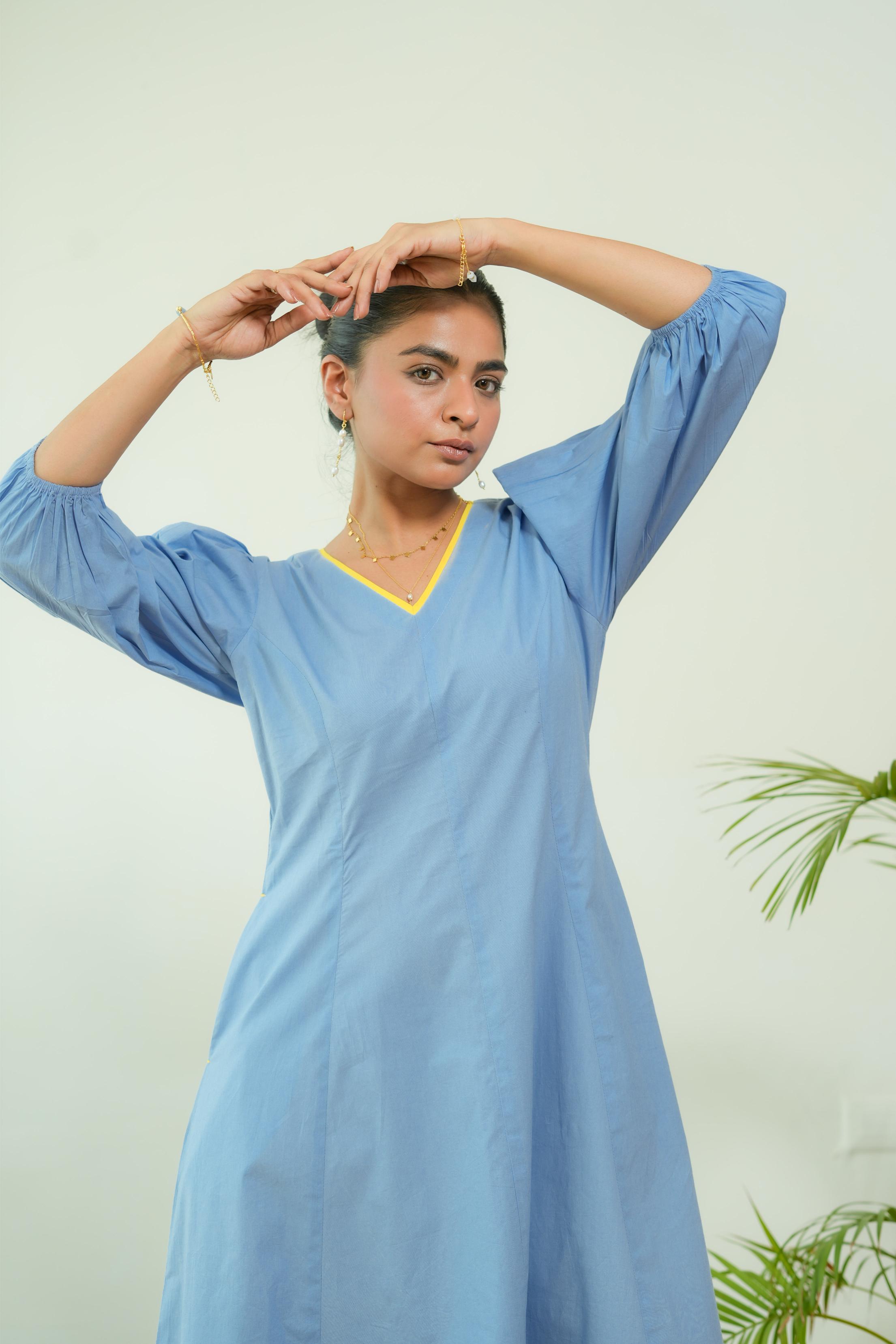 BUBBLEGUM POWDER BLUE POPLIN PUFF SLEEVES MIDI DRESS