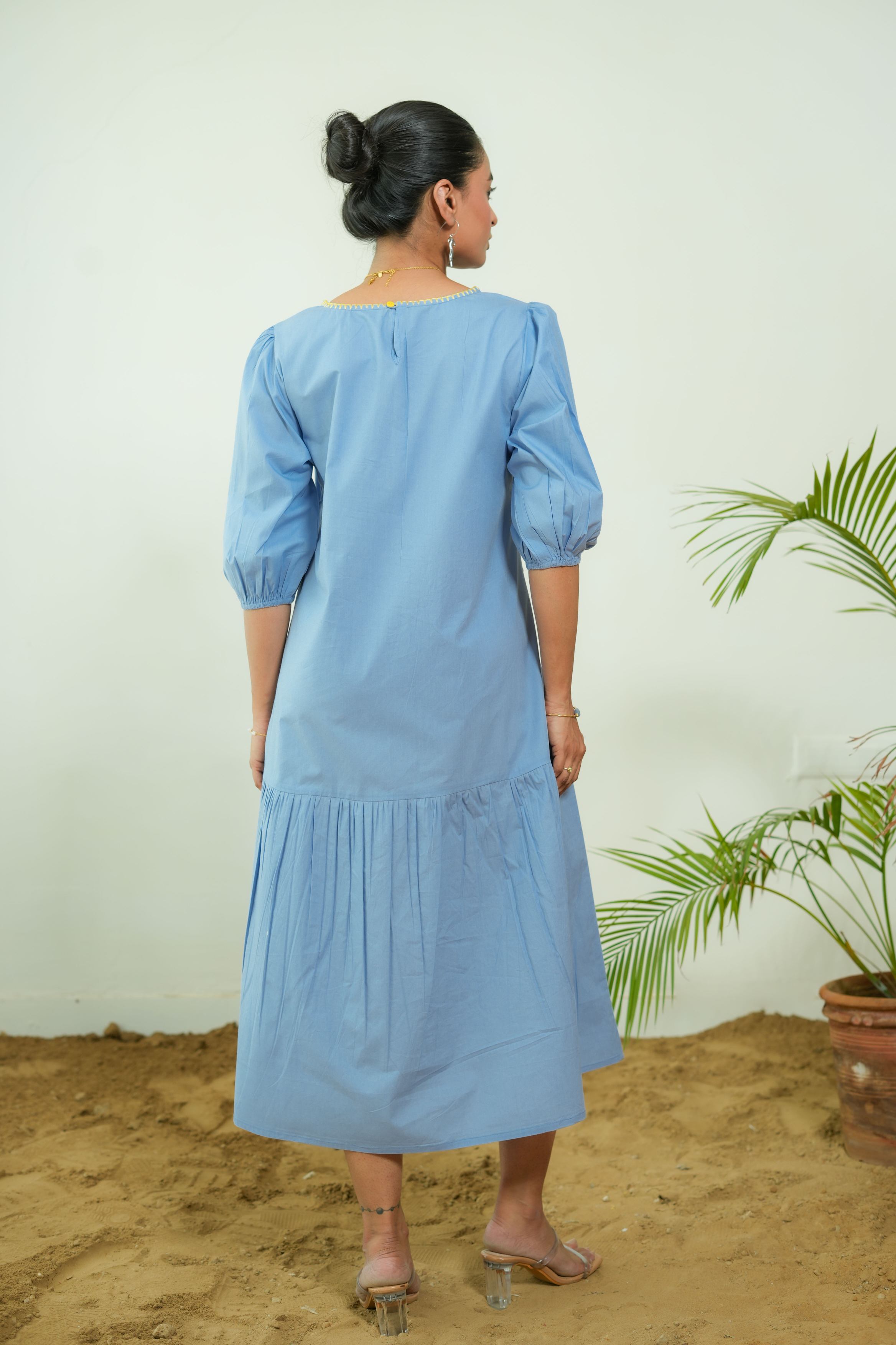 POWDER BLUE EMBROIDERED TIERED DRESS