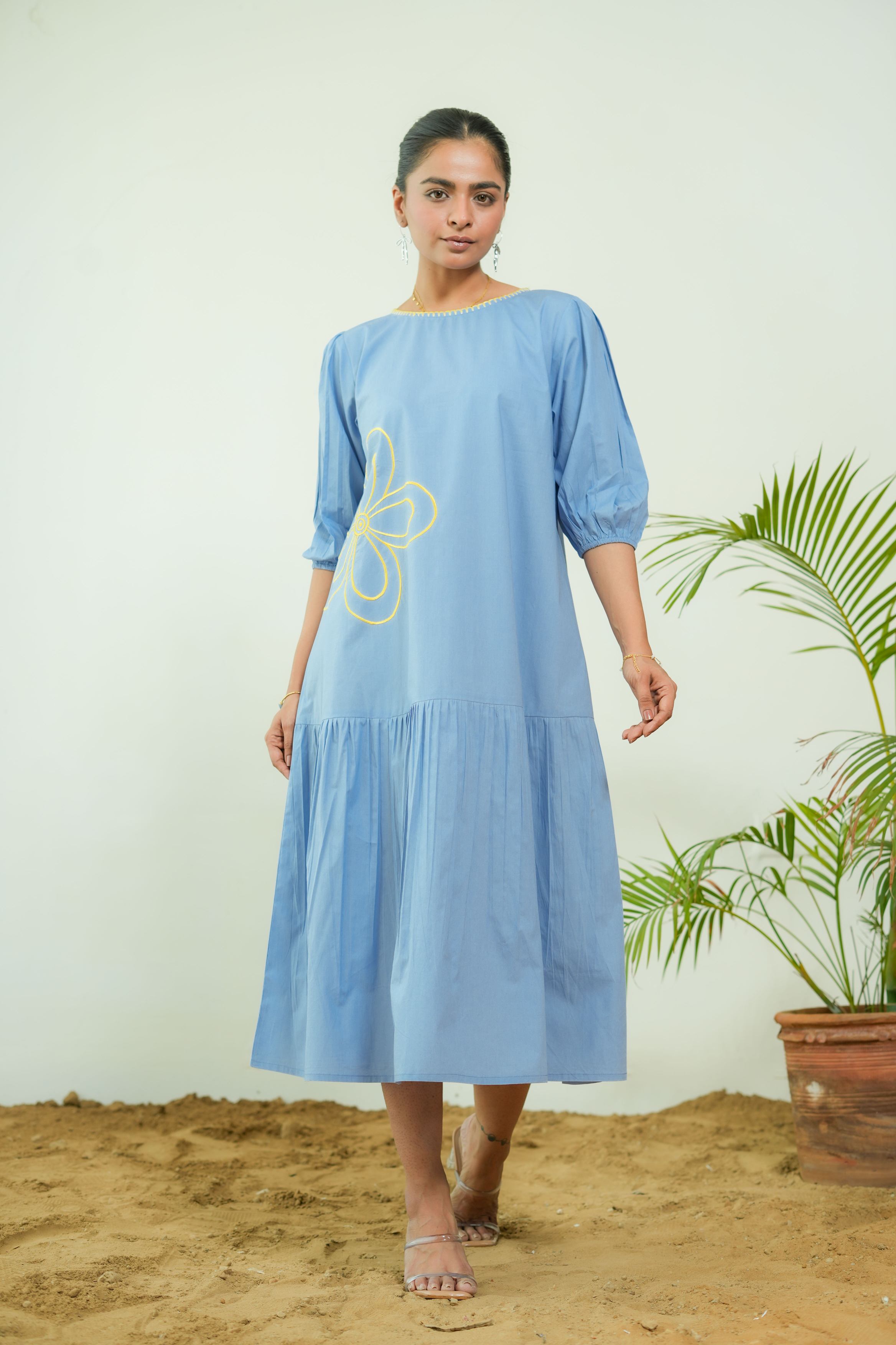 POWDER BLUE EMBROIDERED TIERED DRESS