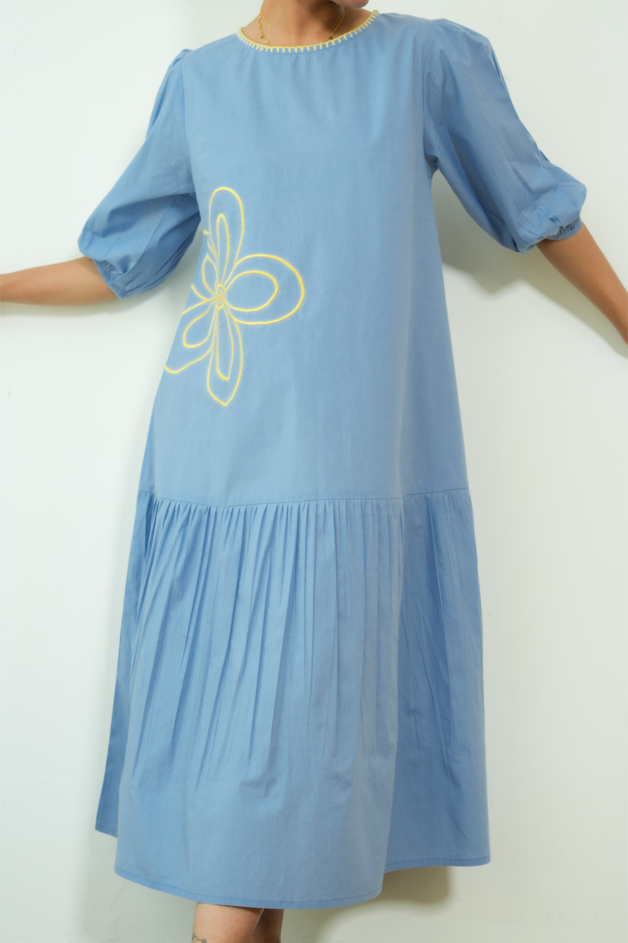 POWDER BLUE EMBROIDERED TIERED DRESS