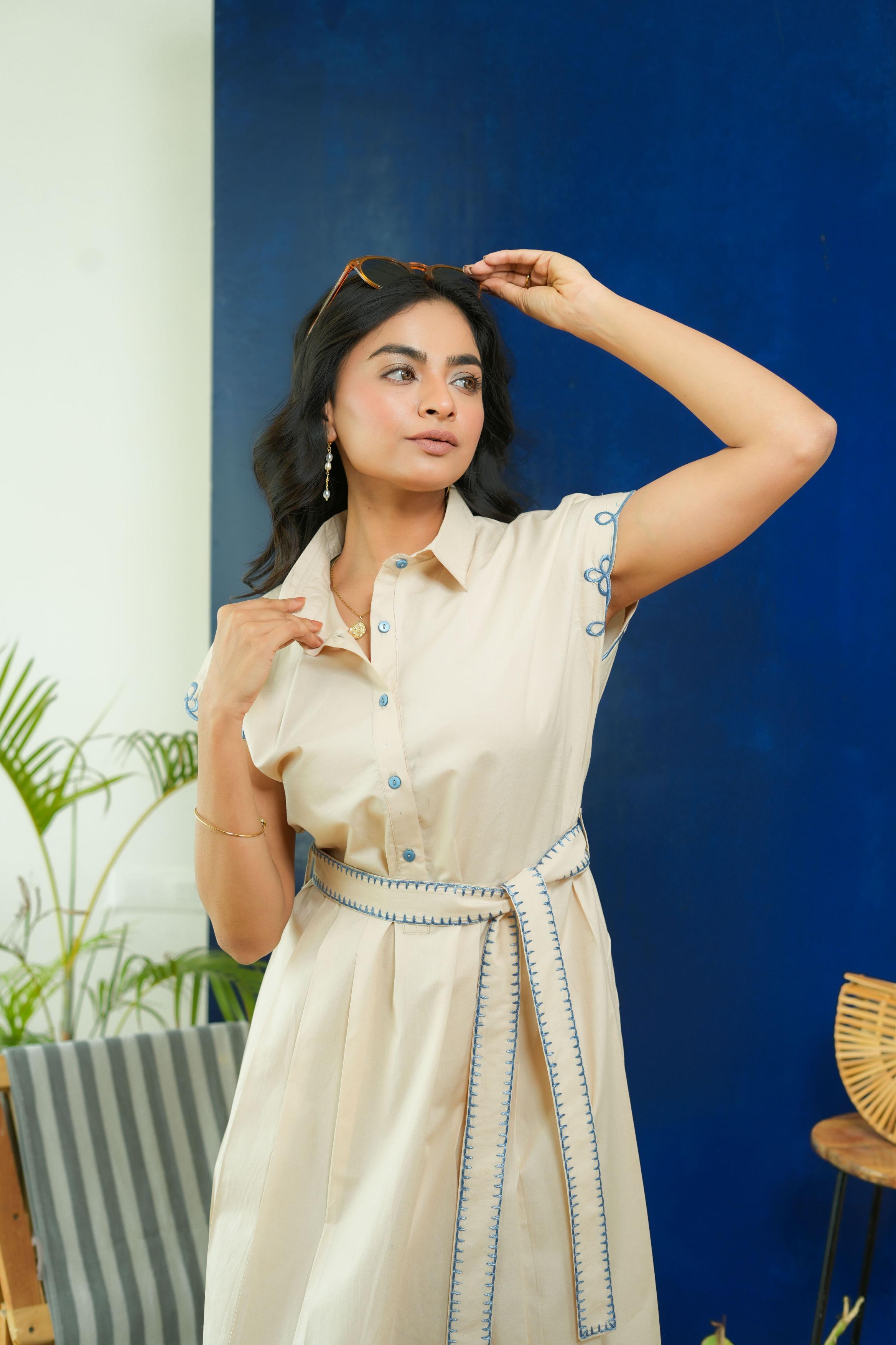 BEIGE POPLIN SHIRT DRESS WITH EMBROIDERED BELT