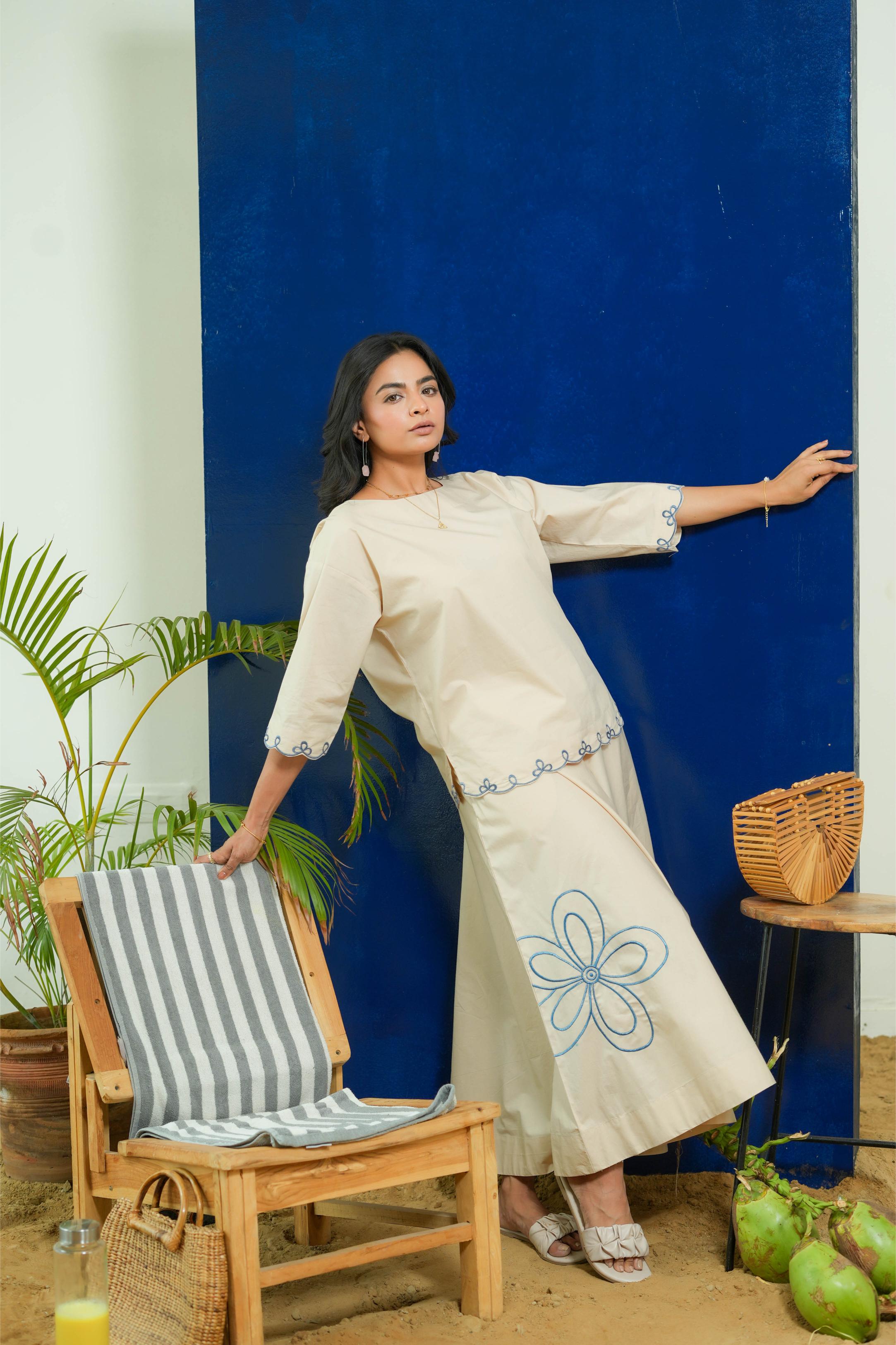 BEIGE BOXY TOP WITH A-LINE SKIRT