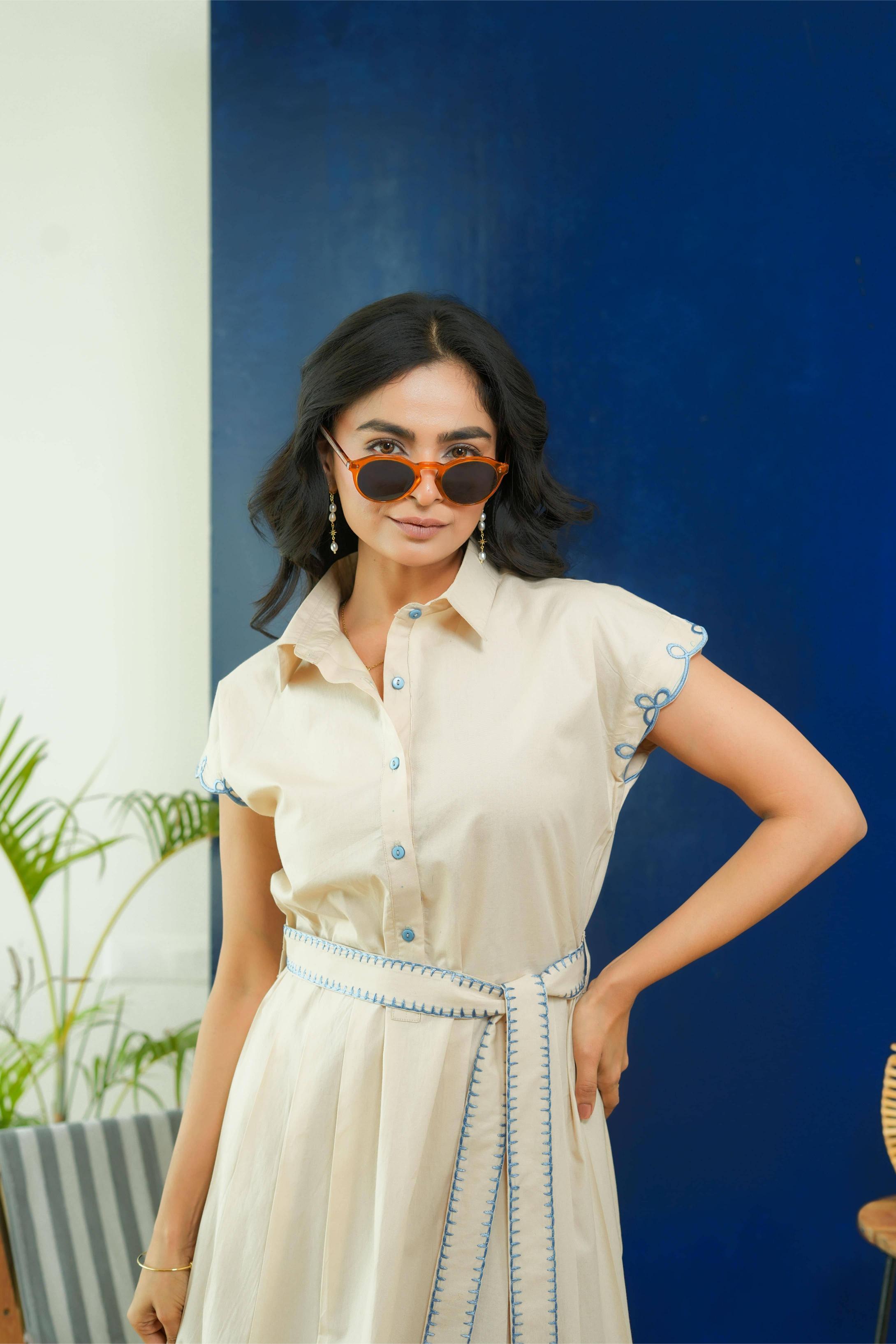BEIGE POPLIN SHIRT DRESS WITH EMBROIDERED BELT