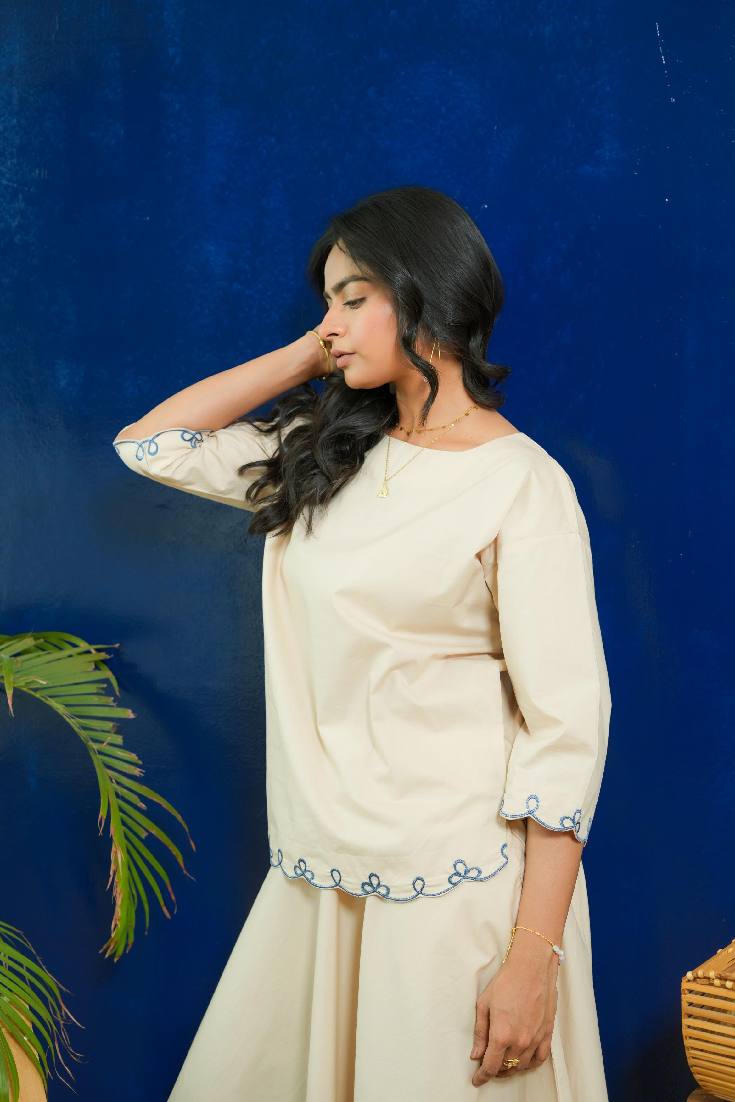 BEIGE BOXY TOP WITH A-LINE SKIRT