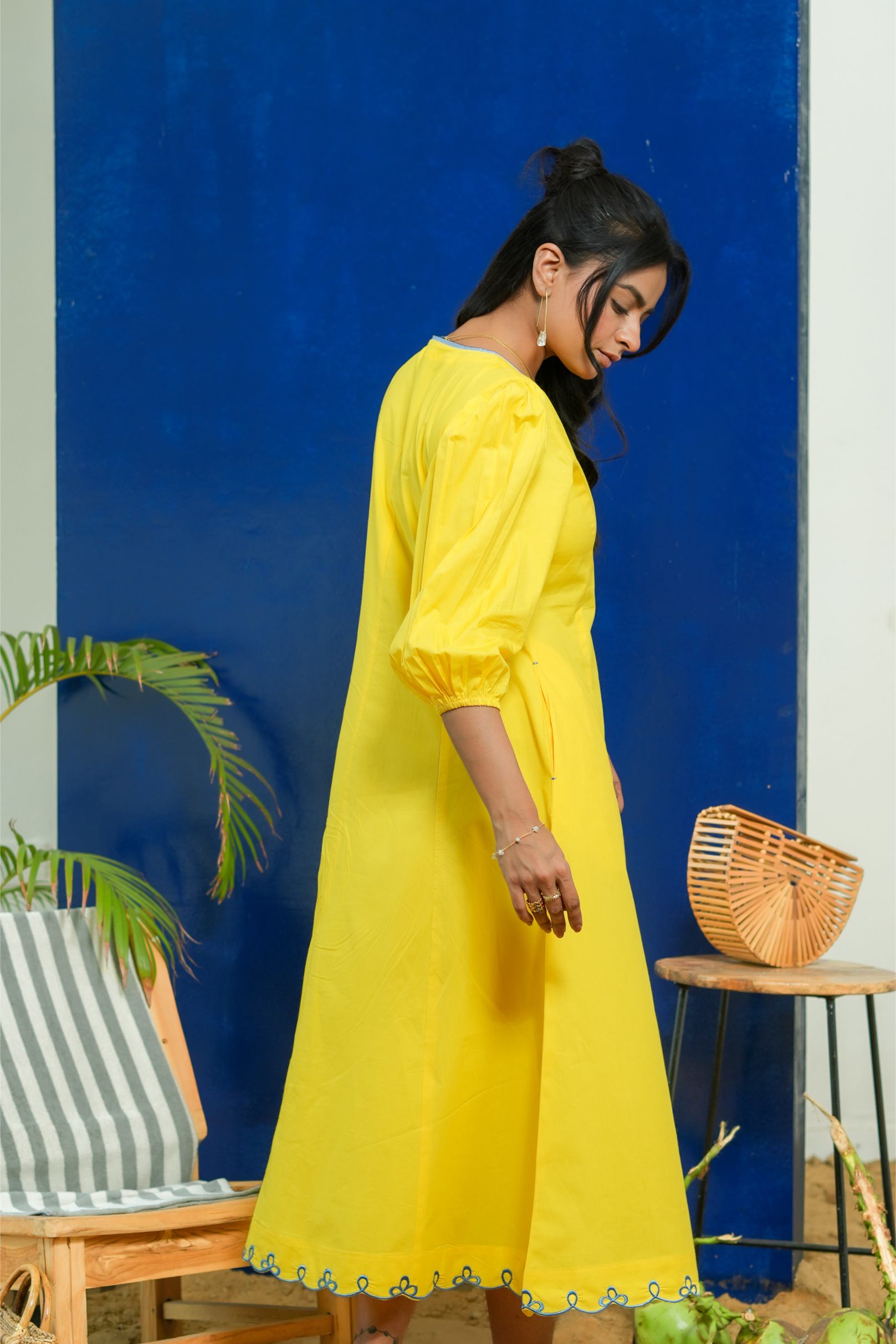 BUBBLEGUM LEMON YELLOW POPLIN PUFF SLEEVES MIDI DRESS