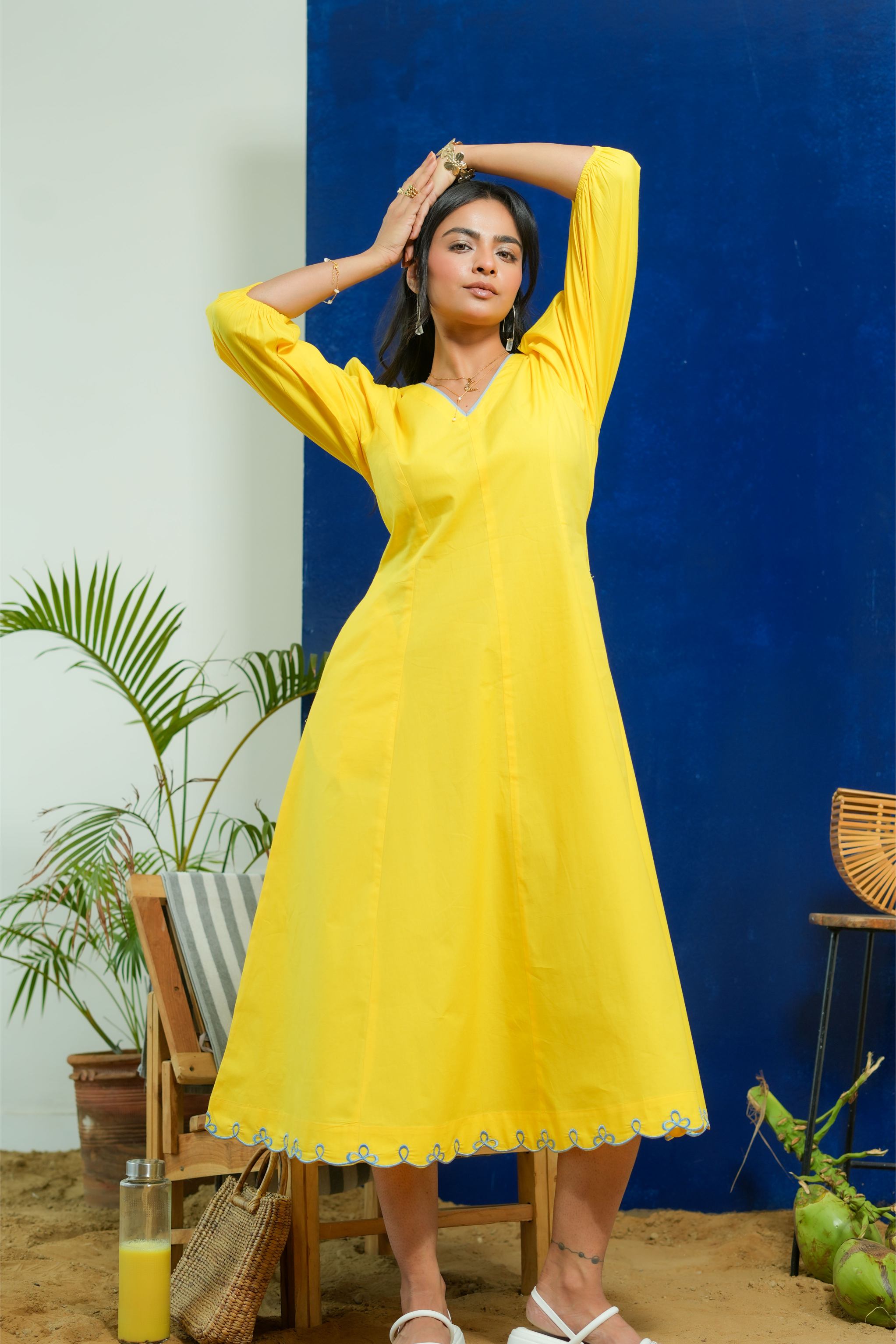 BUBBLEGUM LEMON YELLOW POPLIN PUFF SLEEVES MIDI DRESS