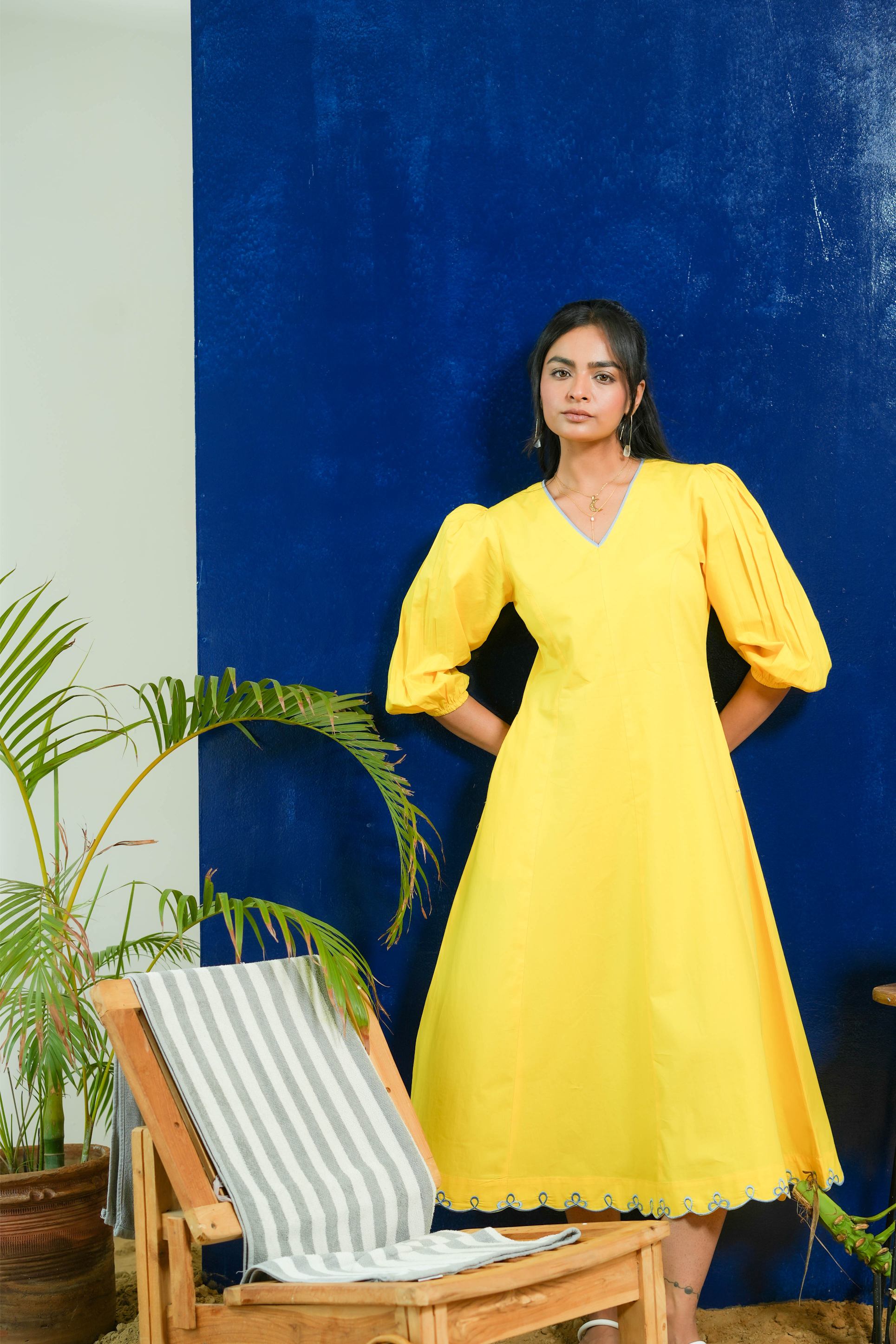 BUBBLEGUM LEMON YELLOW POPLIN PUFF SLEEVES MIDI DRESS