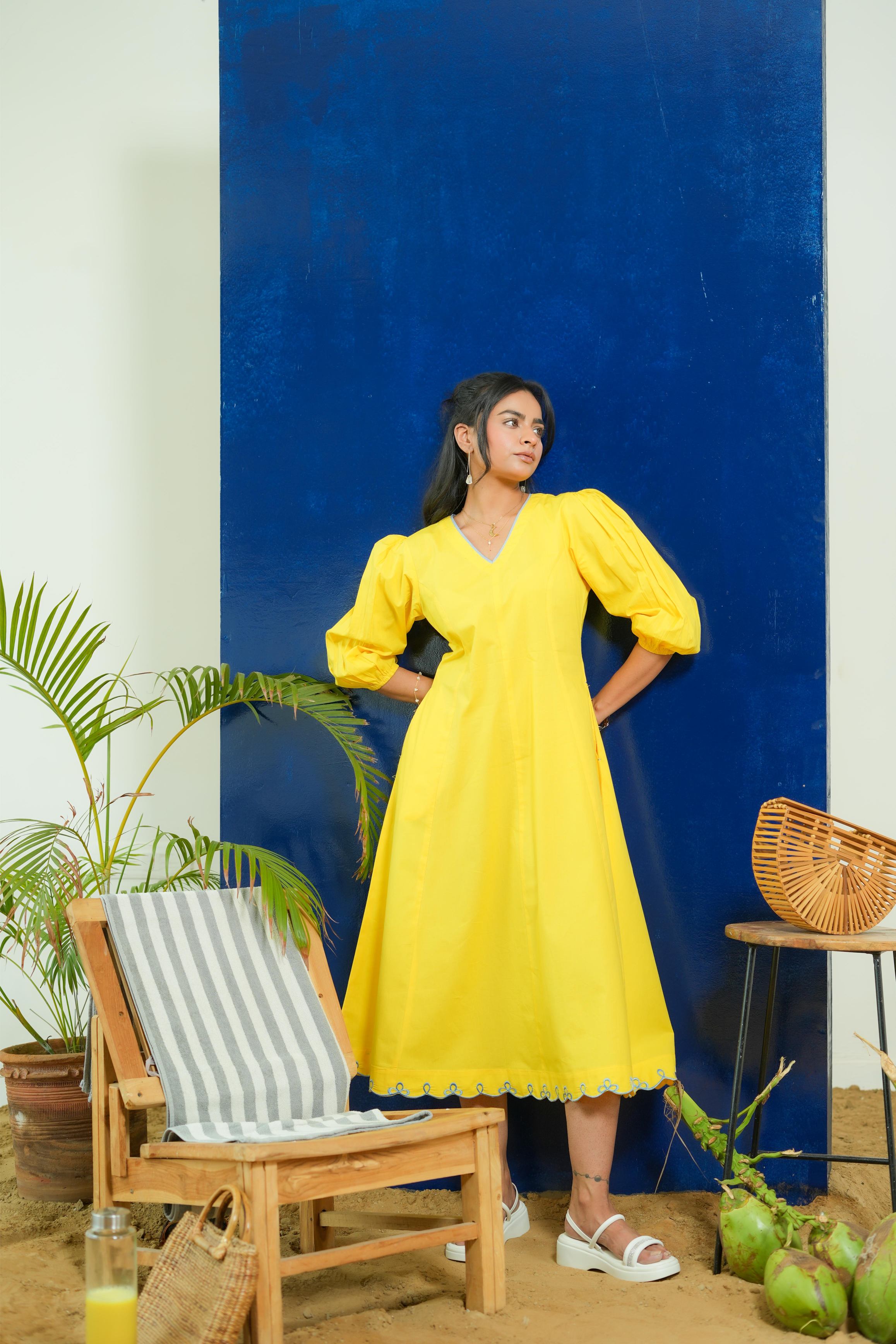 BUBBLEGUM LEMON YELLOW POPLIN PUFF SLEEVES MIDI DRESS