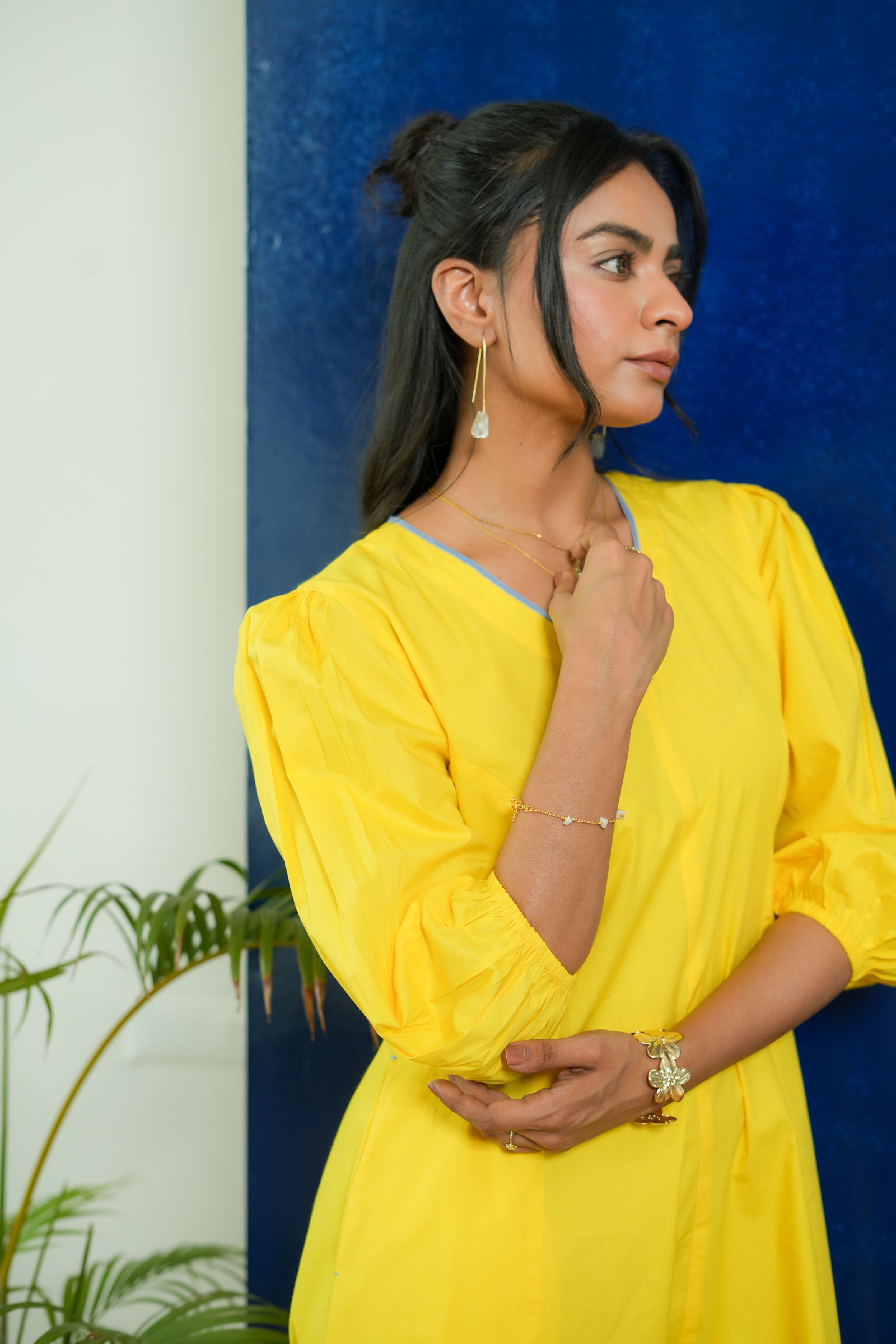 BUBBLEGUM LEMON YELLOW POPLIN PUFF SLEEVES MIDI DRESS