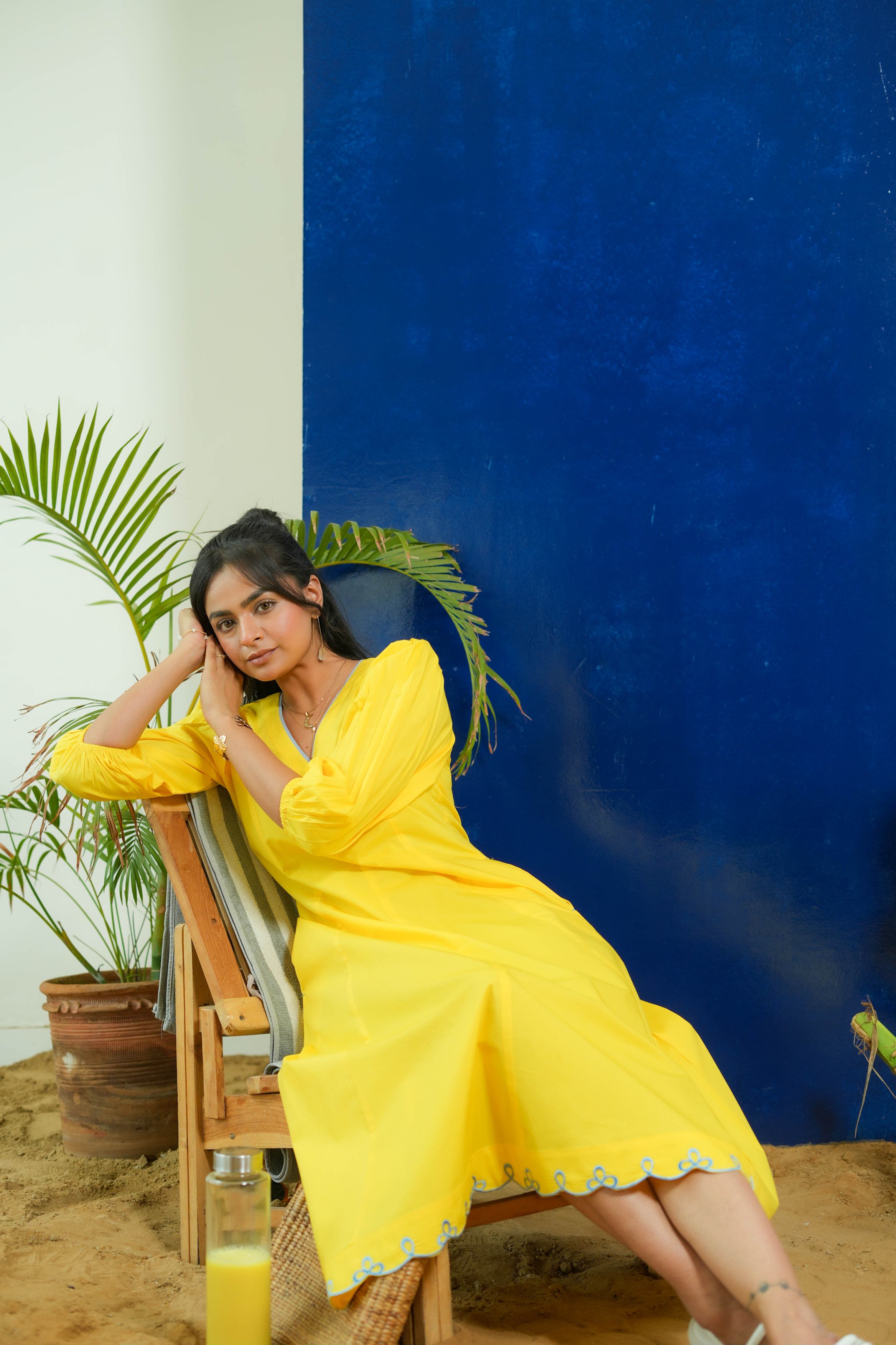 BUBBLEGUM LEMON YELLOW POPLIN PUFF SLEEVES MIDI DRESS