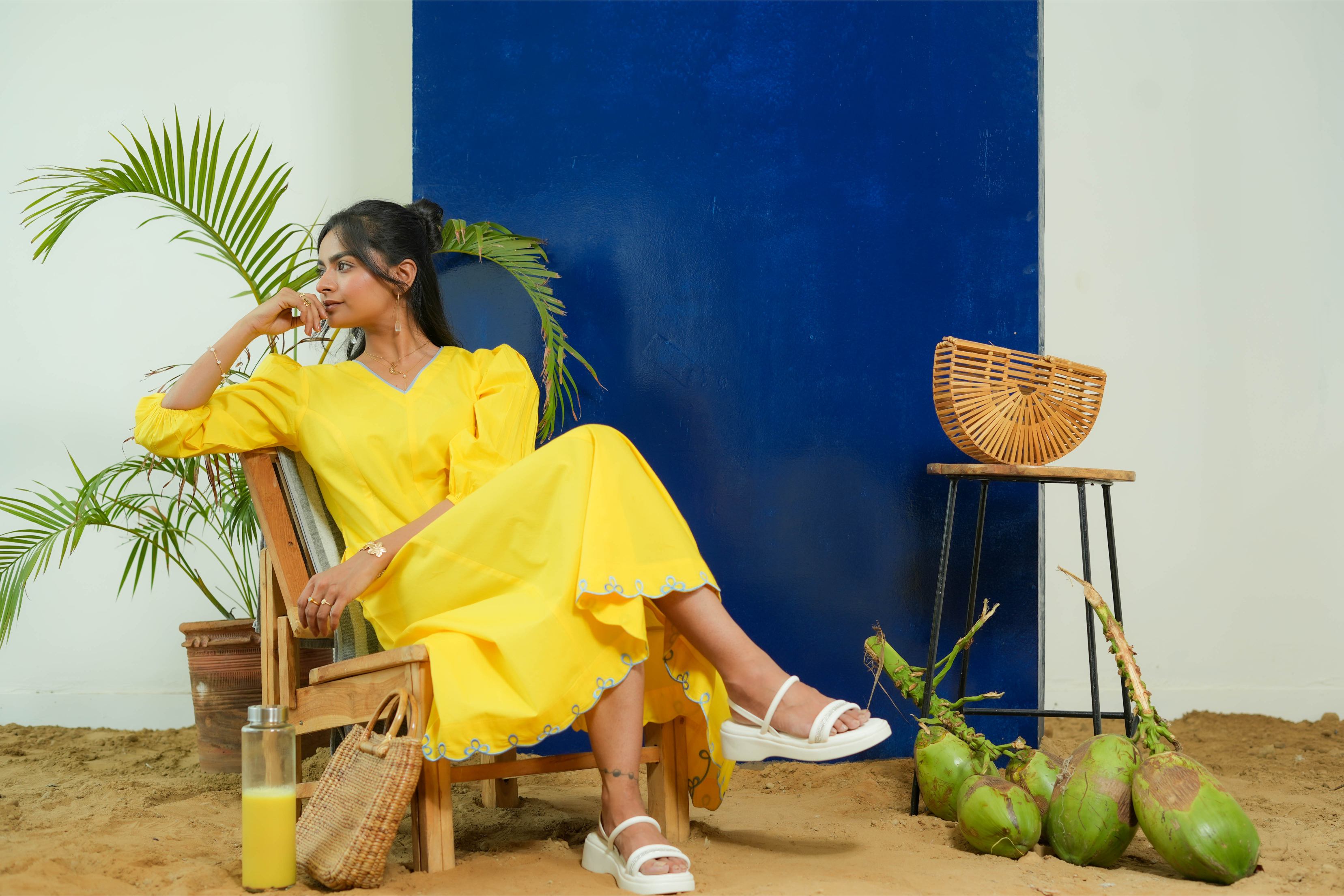 BUBBLEGUM LEMON YELLOW POPLIN PUFF SLEEVES MIDI DRESS