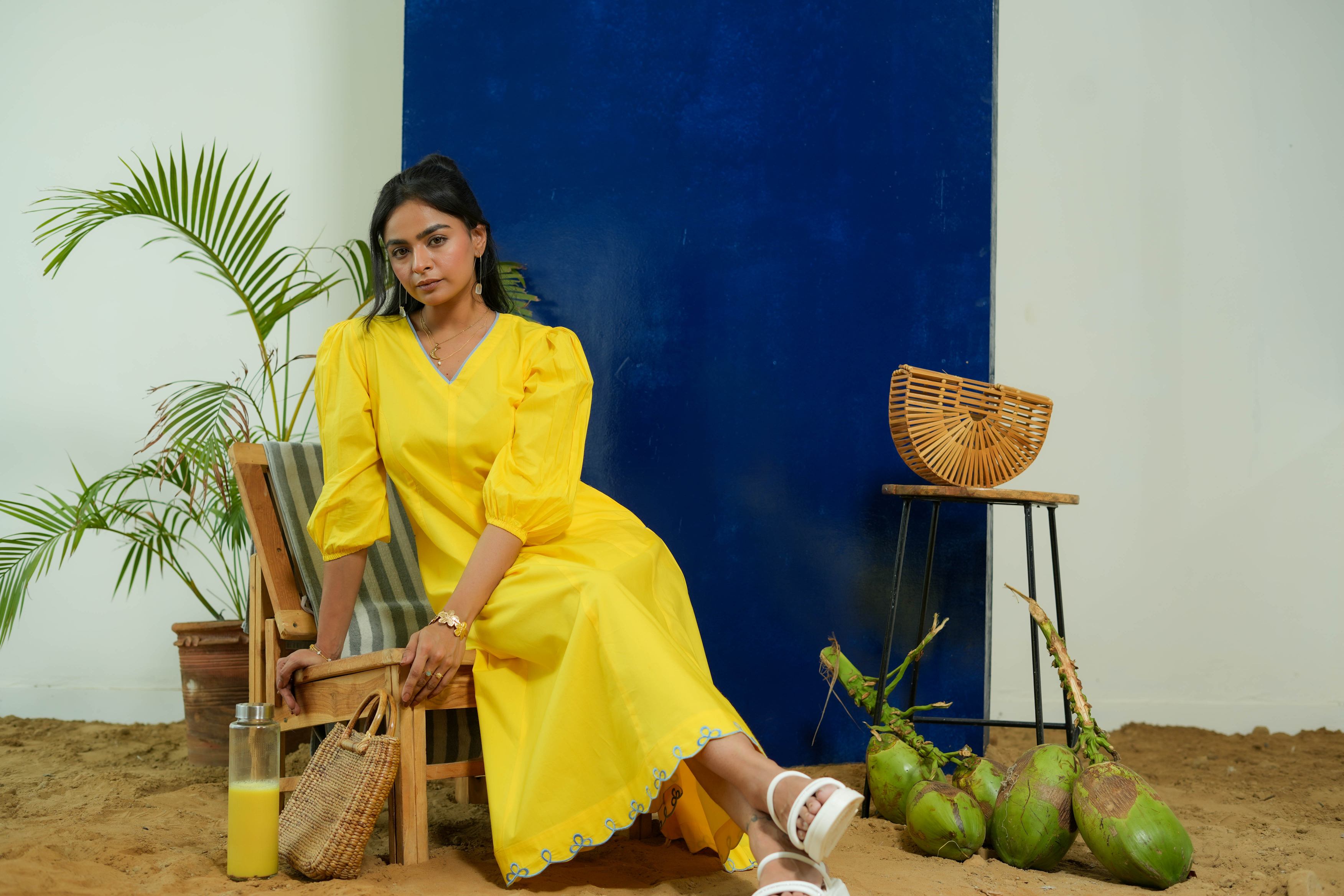 BUBBLEGUM LEMON YELLOW POPLIN PUFF SLEEVES MIDI DRESS