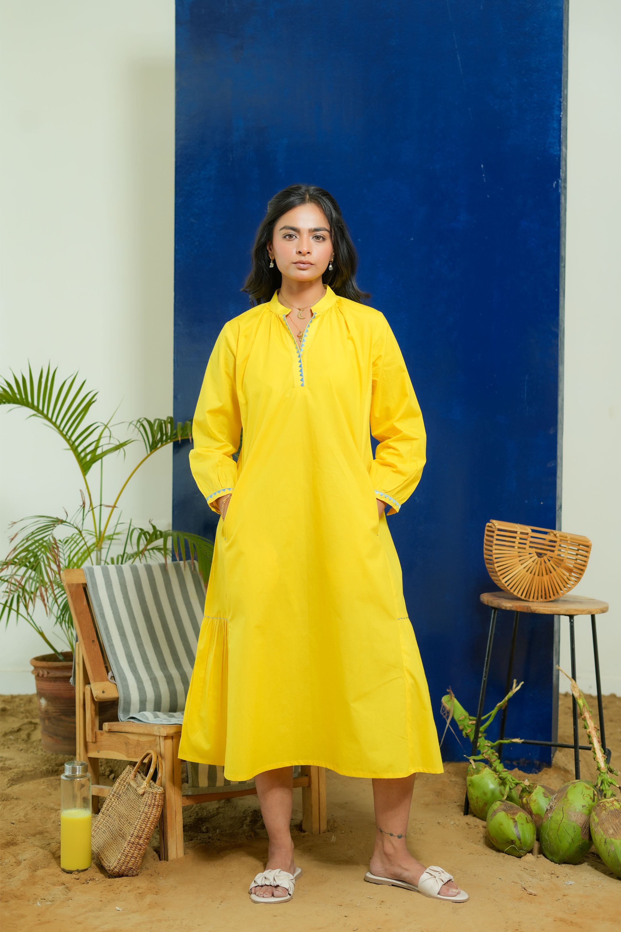 LEMON YELLOW CALF LENGTH DRESS