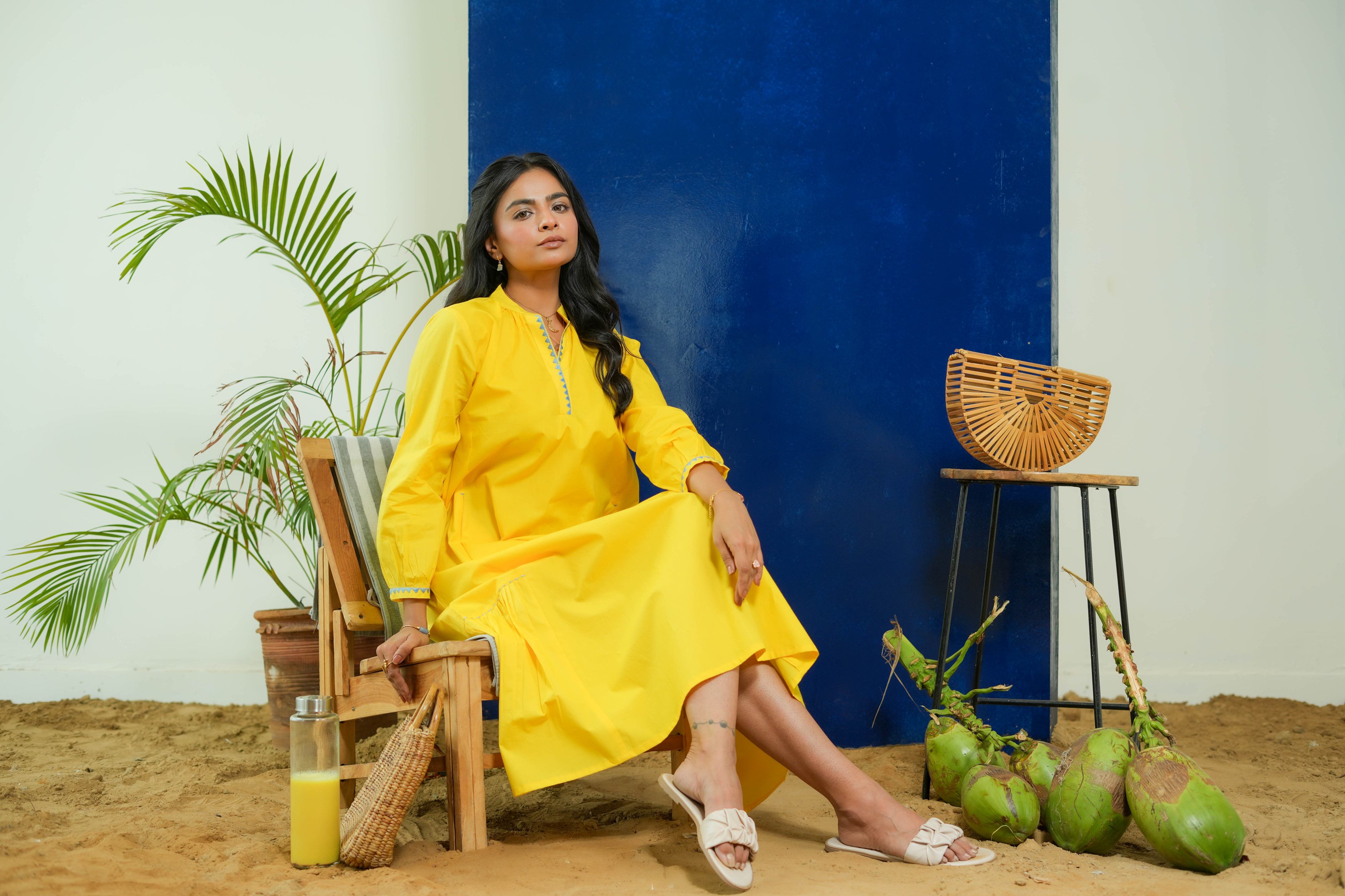 LEMON YELLOW CALF LENGTH DRESS