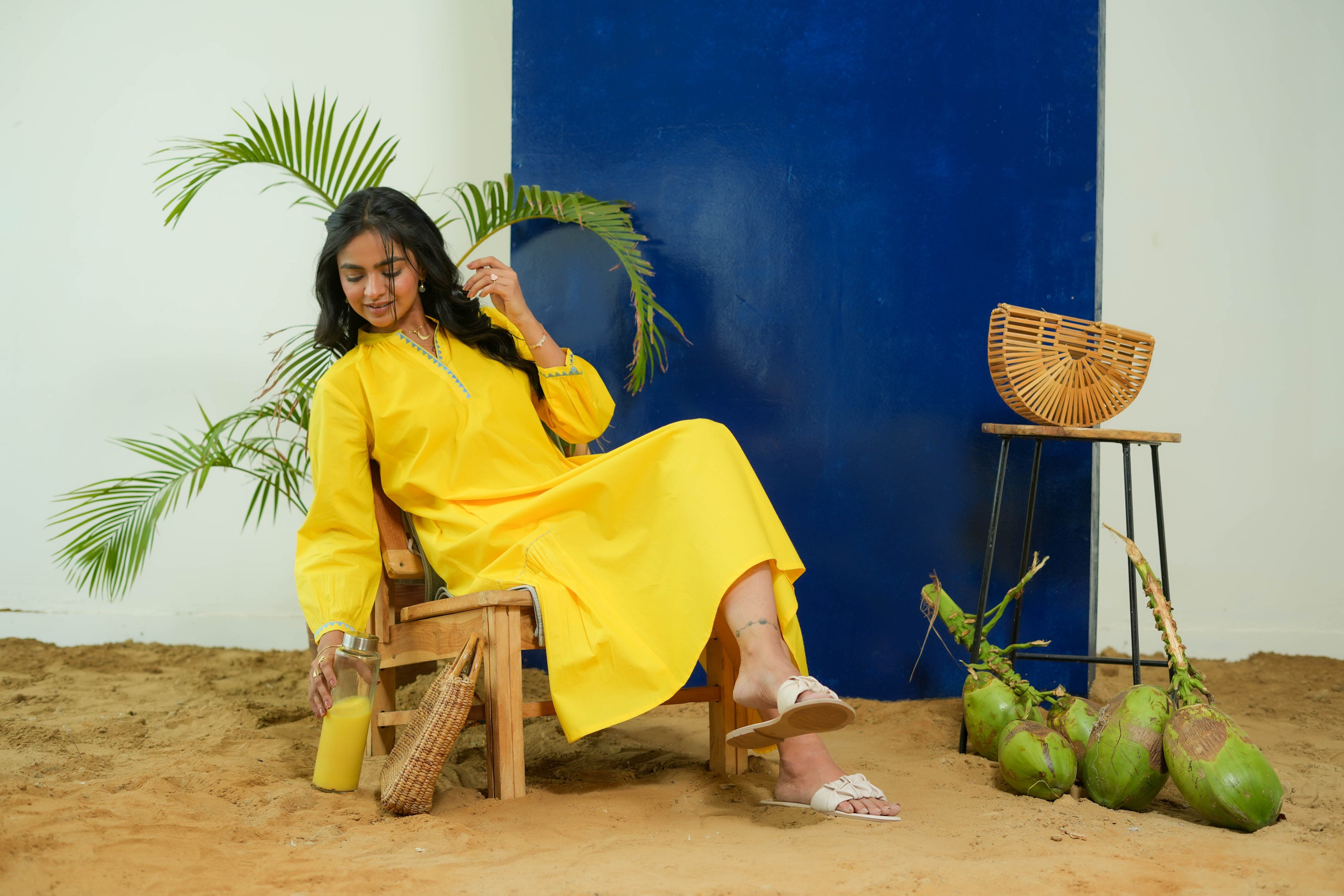 LEMON YELLOW CALF LENGTH DRESS