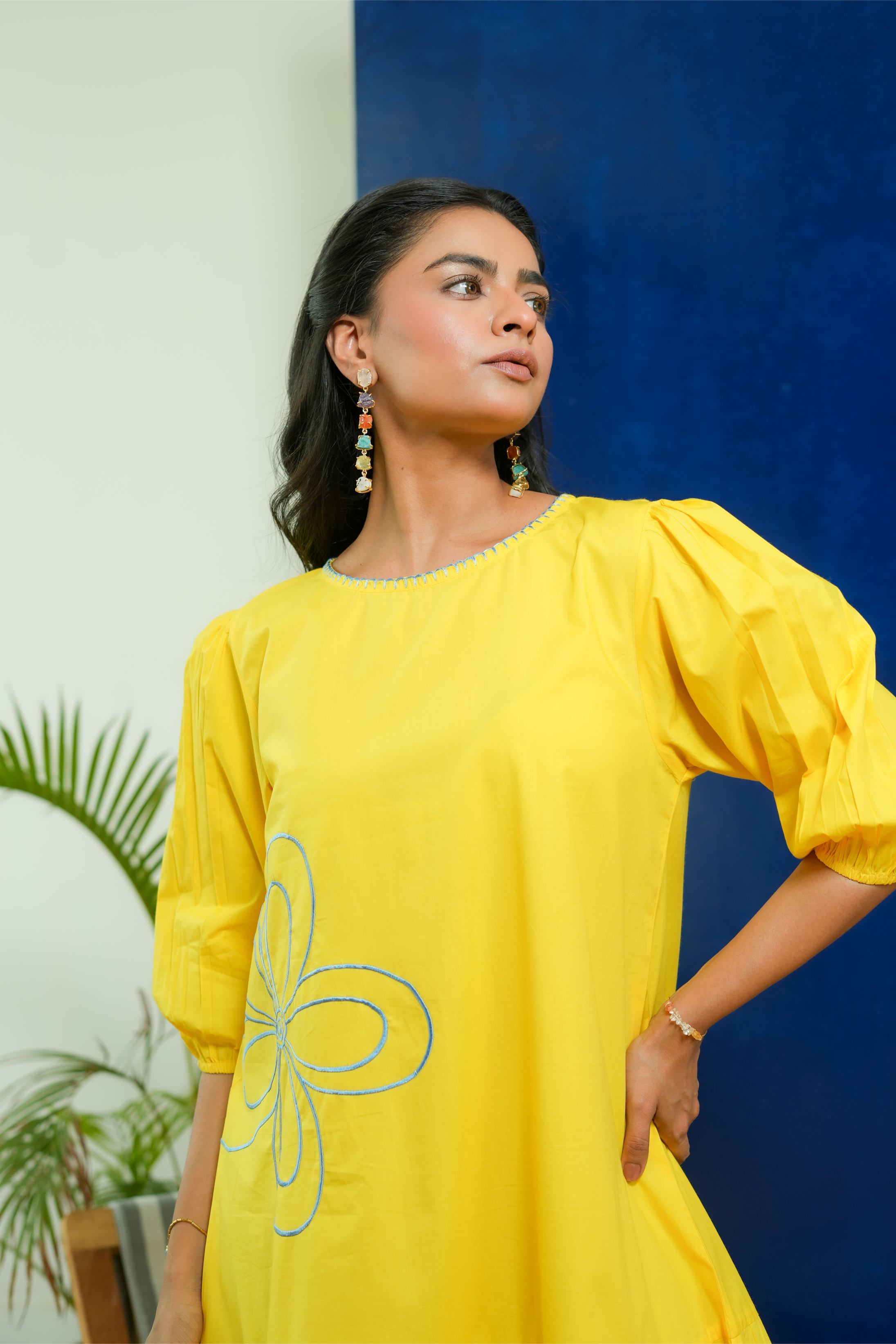 LEMON YELLOW POPLIN EMBROIDERED TIERED DRESS