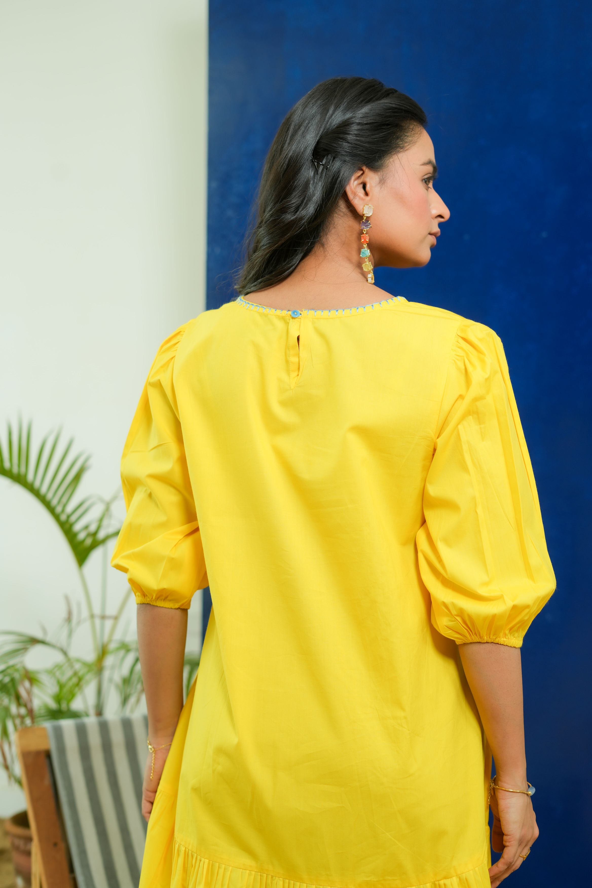 LEMON YELLOW POPLIN EMBROIDERED TIERED DRESS