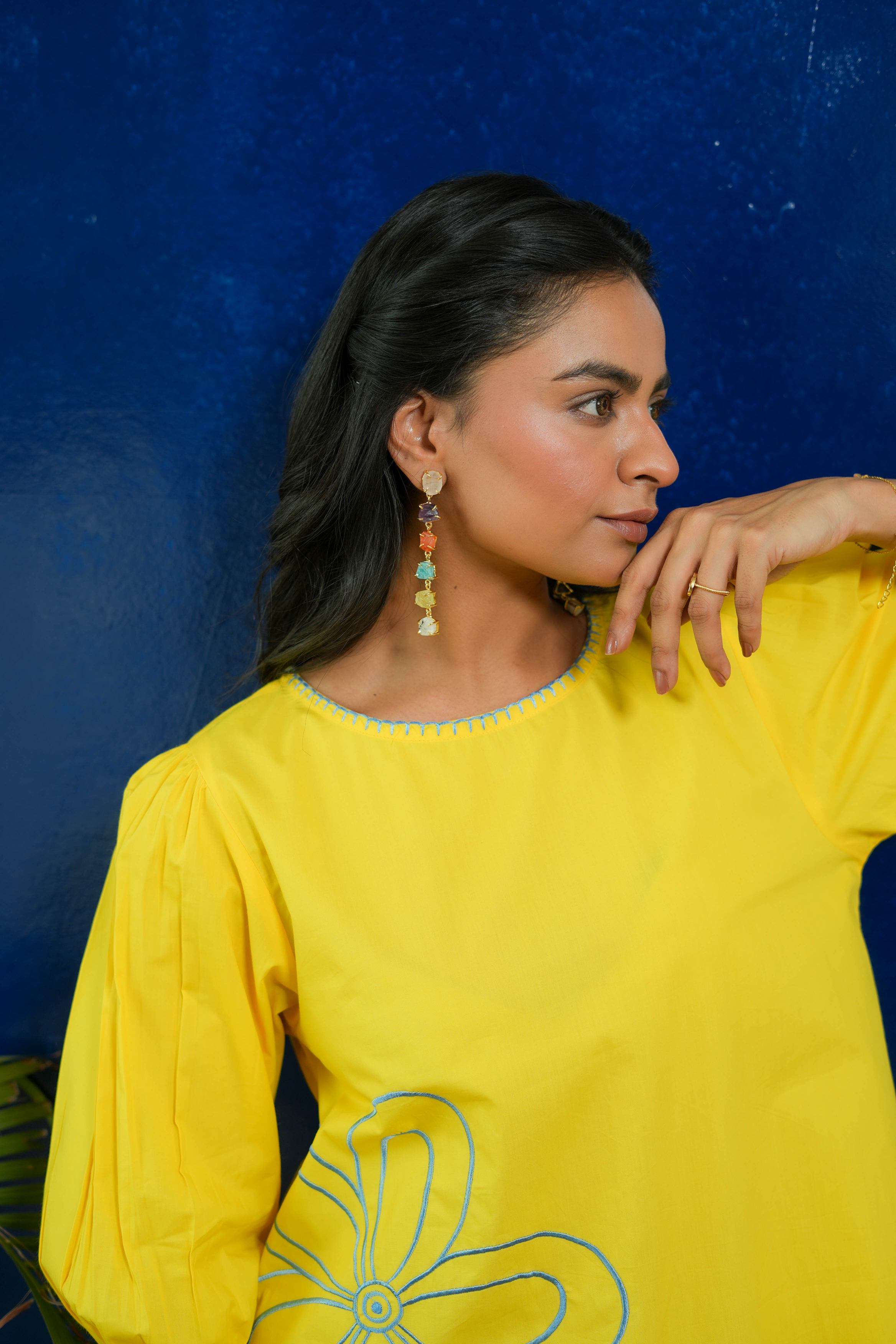 LEMON YELLOW POPLIN EMBROIDERED TIERED DRESS