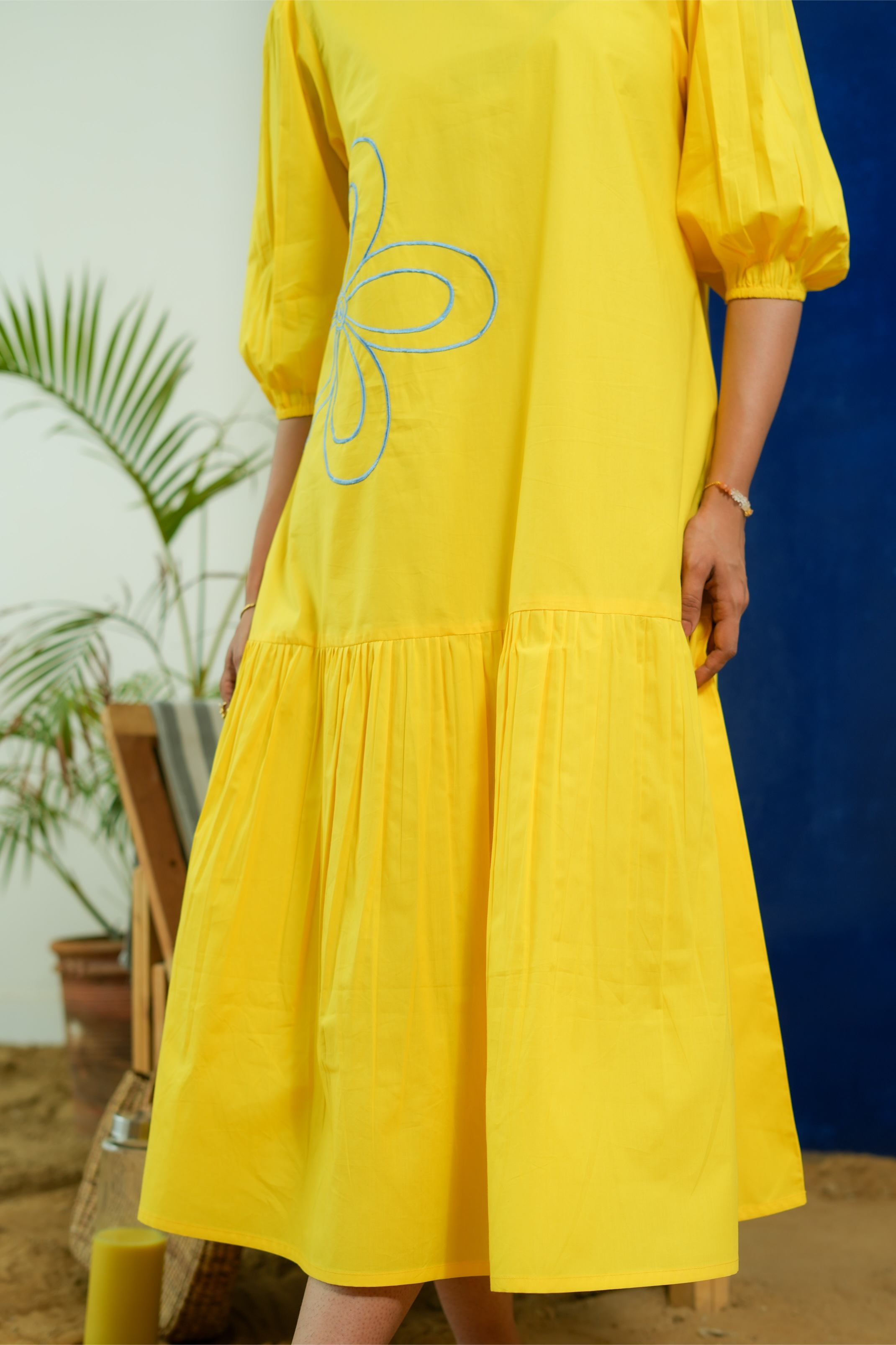 LEMON YELLOW POPLIN EMBROIDERED TIERED DRESS