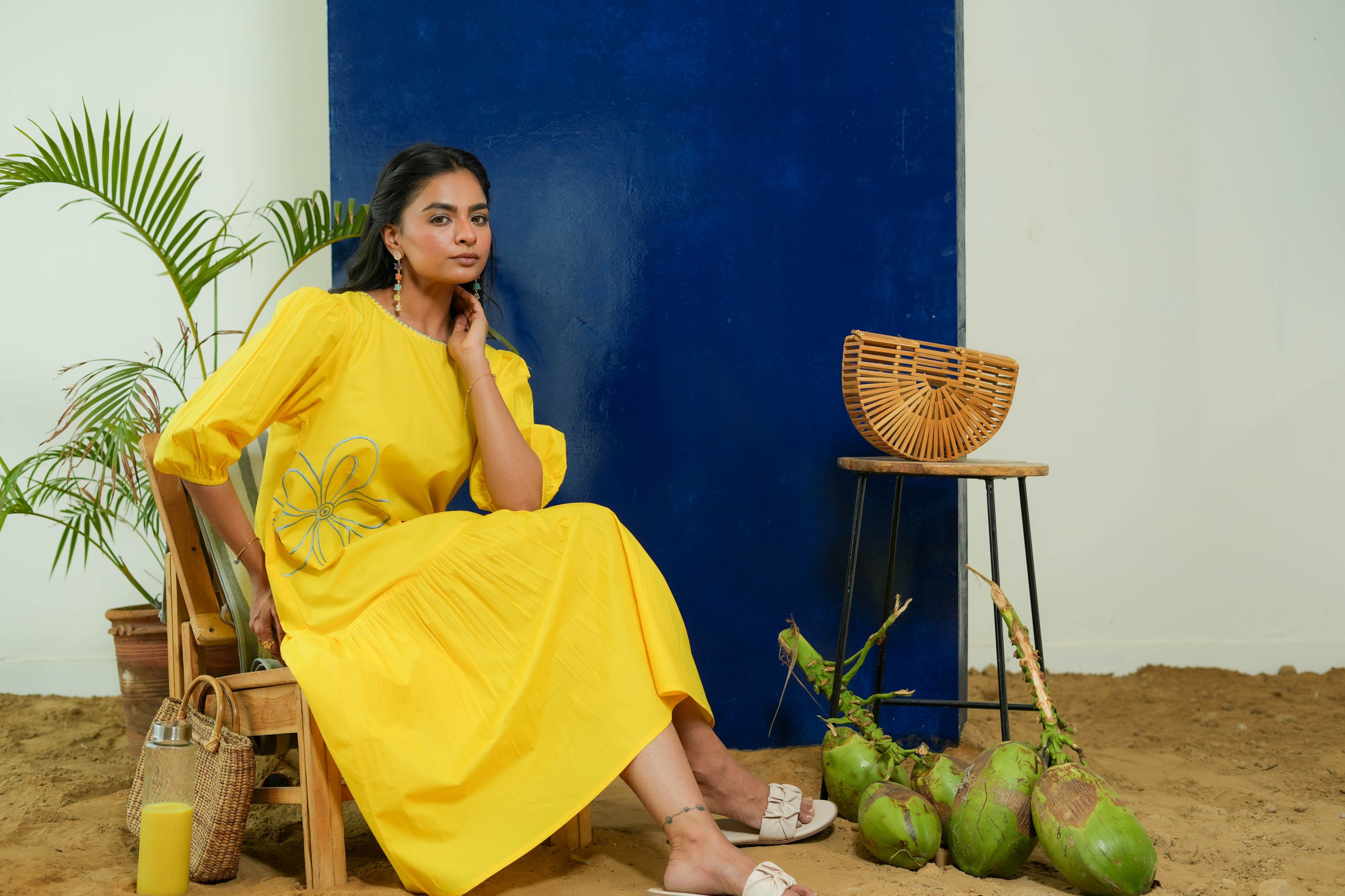 LEMON YELLOW POPLIN EMBROIDERED TIERED DRESS