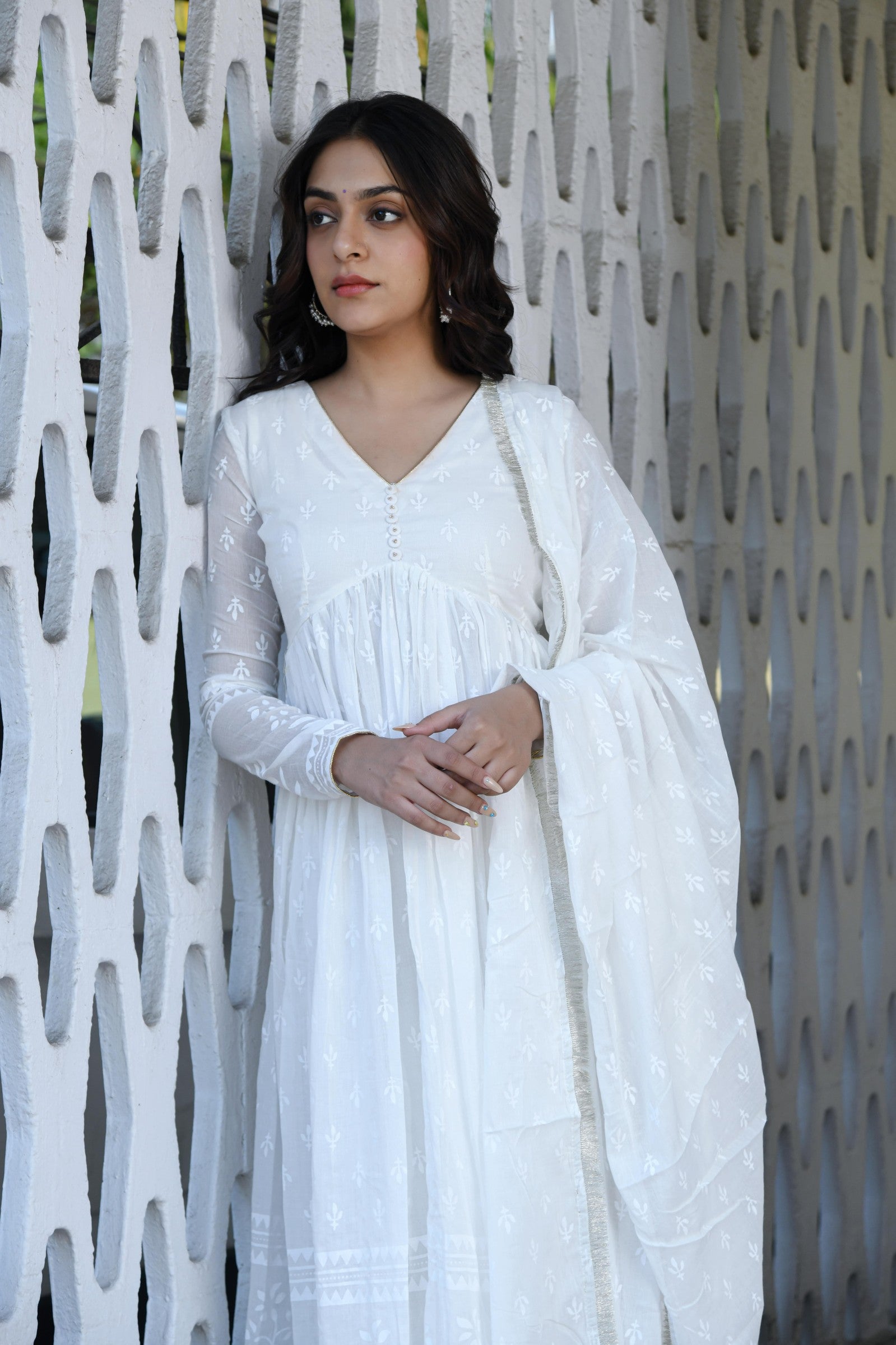 Khwabeeda All White Full Sleeves Anarkali Set (RTS)