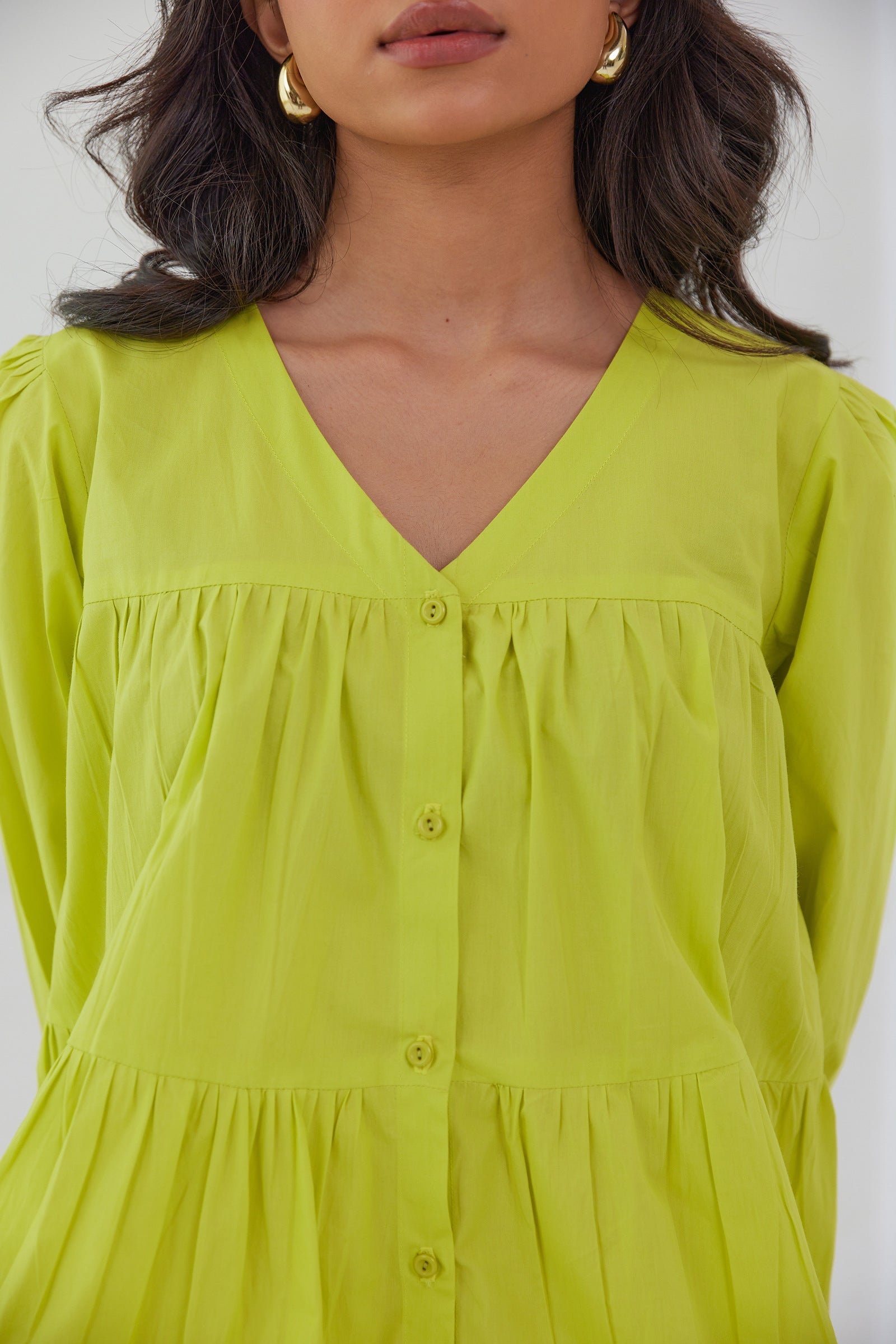 VIVID LIME NEON POPLIN TIERED KNEE LENGTH DRESS