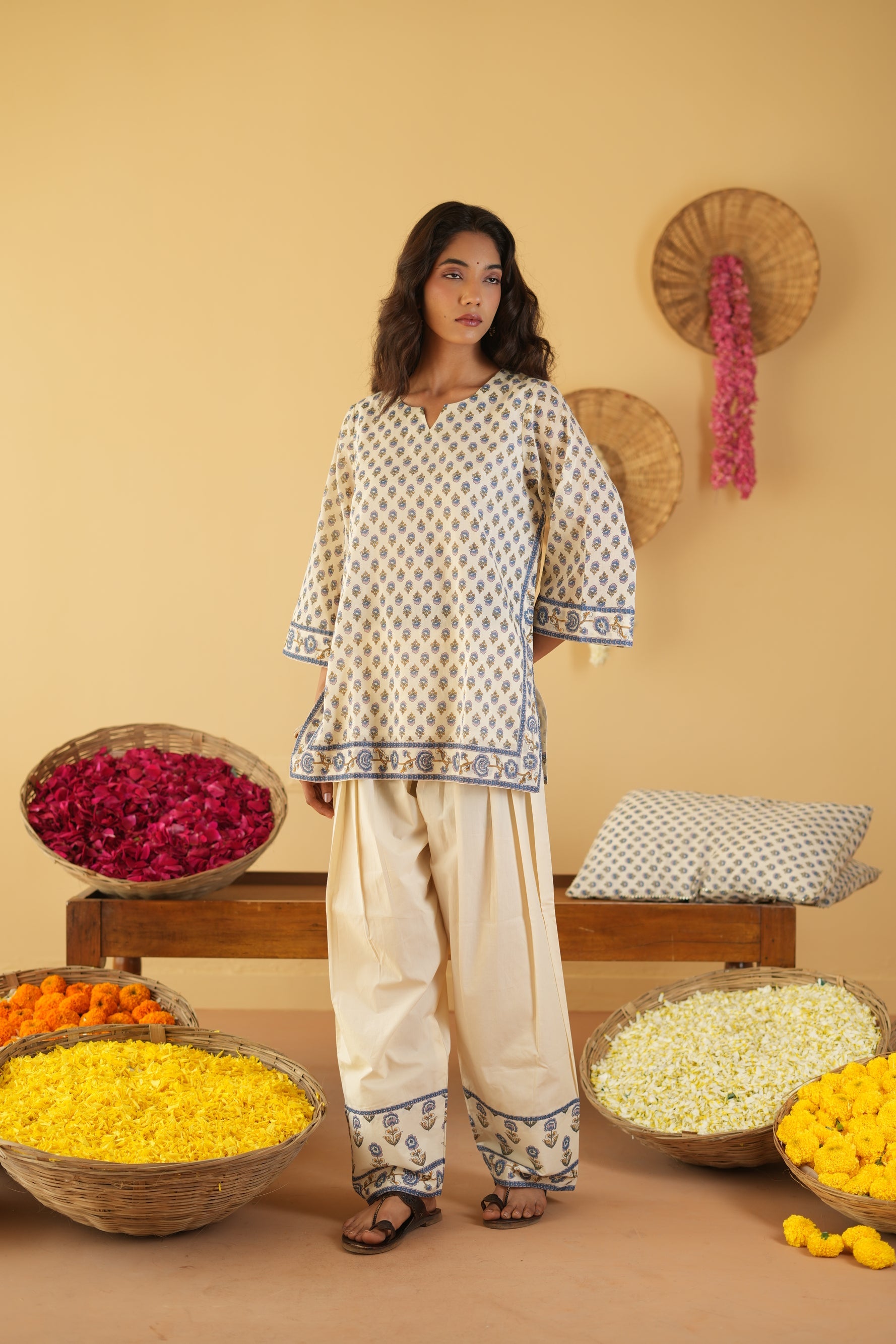 BLUE & OFF WHITE VANYA KURTA WITH FARSI SALWAR SET OF 3
