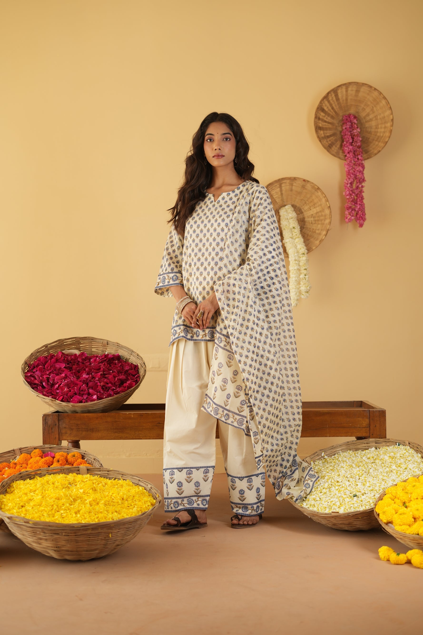 BLUE & OFF WHITE VANYA KURTA WITH FARSI SALWAR SET OF 3