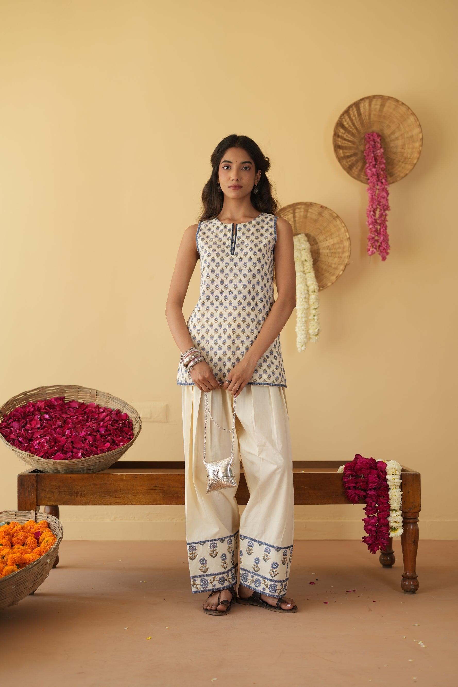 BLUE & OFF WHITE ALINA KURTA WITH FARSI SALWAR SET OF 3