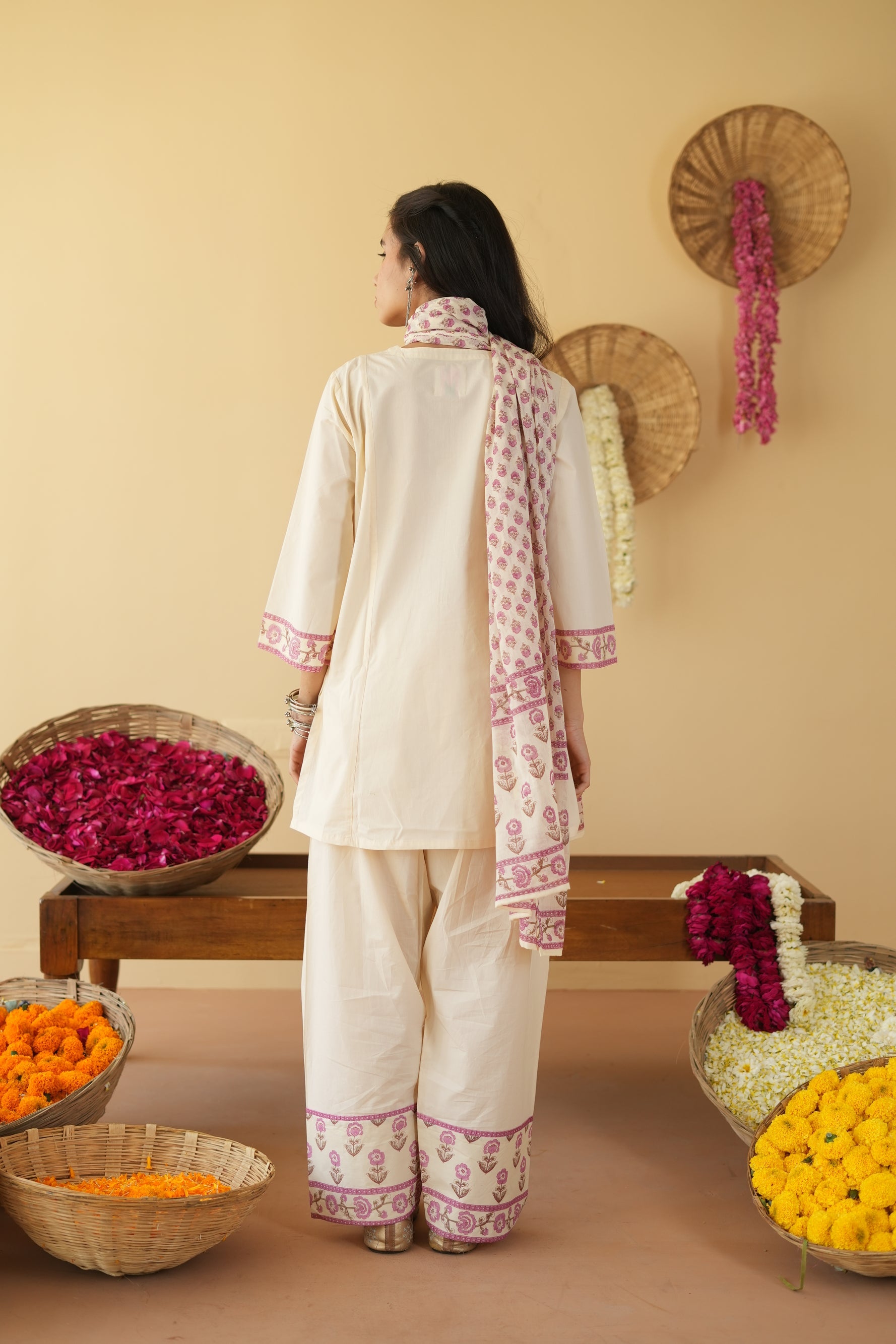 PINK AND OFF WHITE ZIVA KURTA WITH FARSI SALWAR SET OF 3