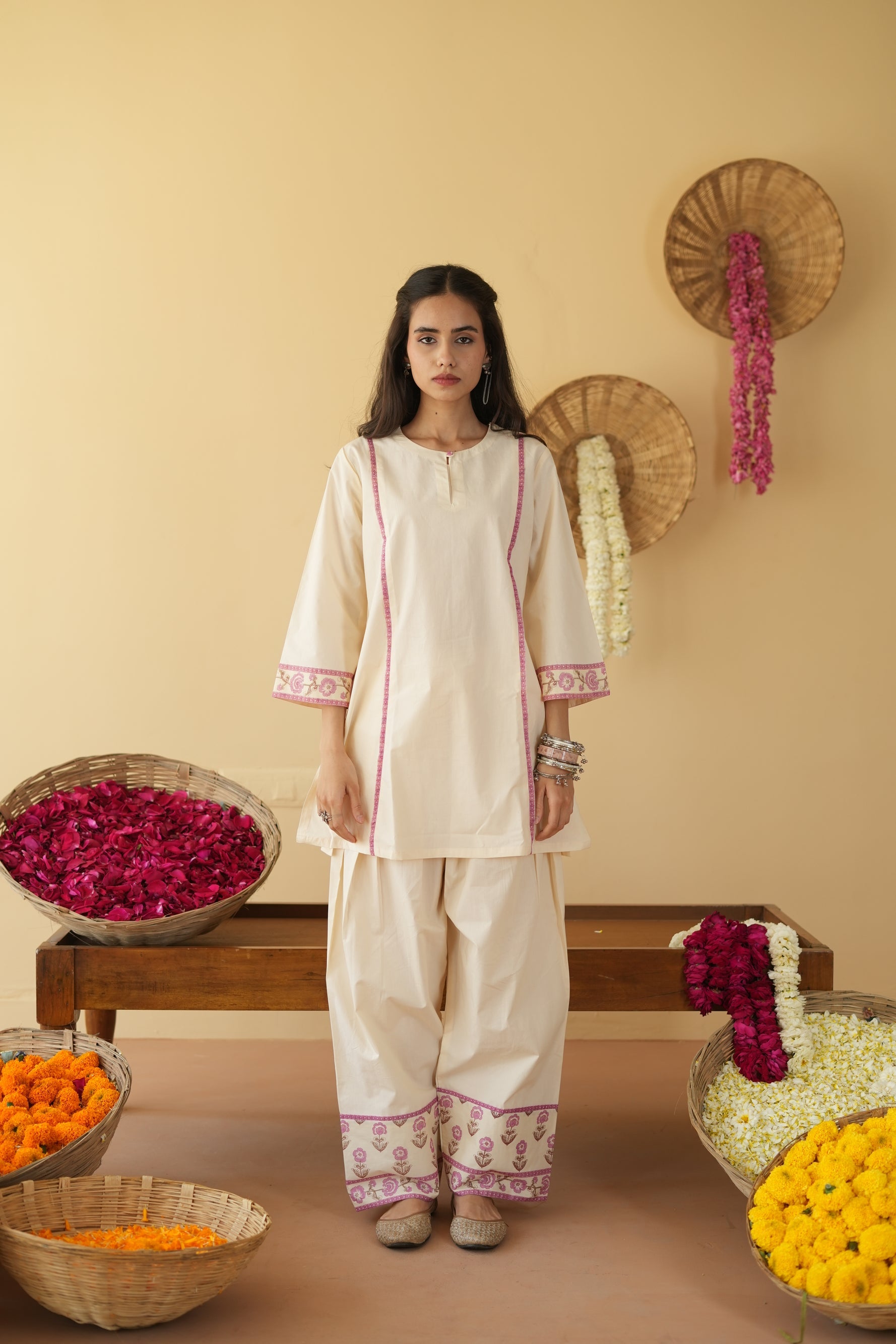 PINK AND OFF WHITE ZIVA KURTA WITH FARSI SALWAR SET OF 3