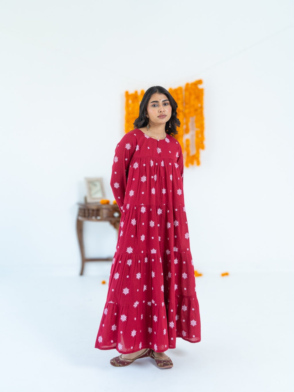 Kumkum Red Mul Cotton Tiered Anarkali Set (RTS)