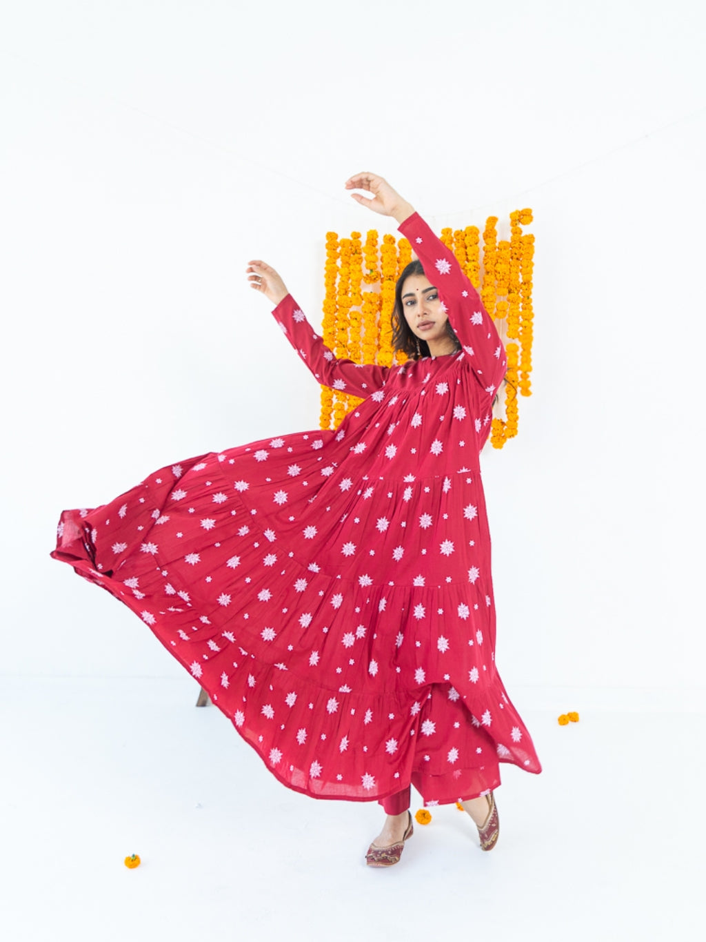 Kumkum Red Mul Cotton Tiered Anarkali Set (RTS)