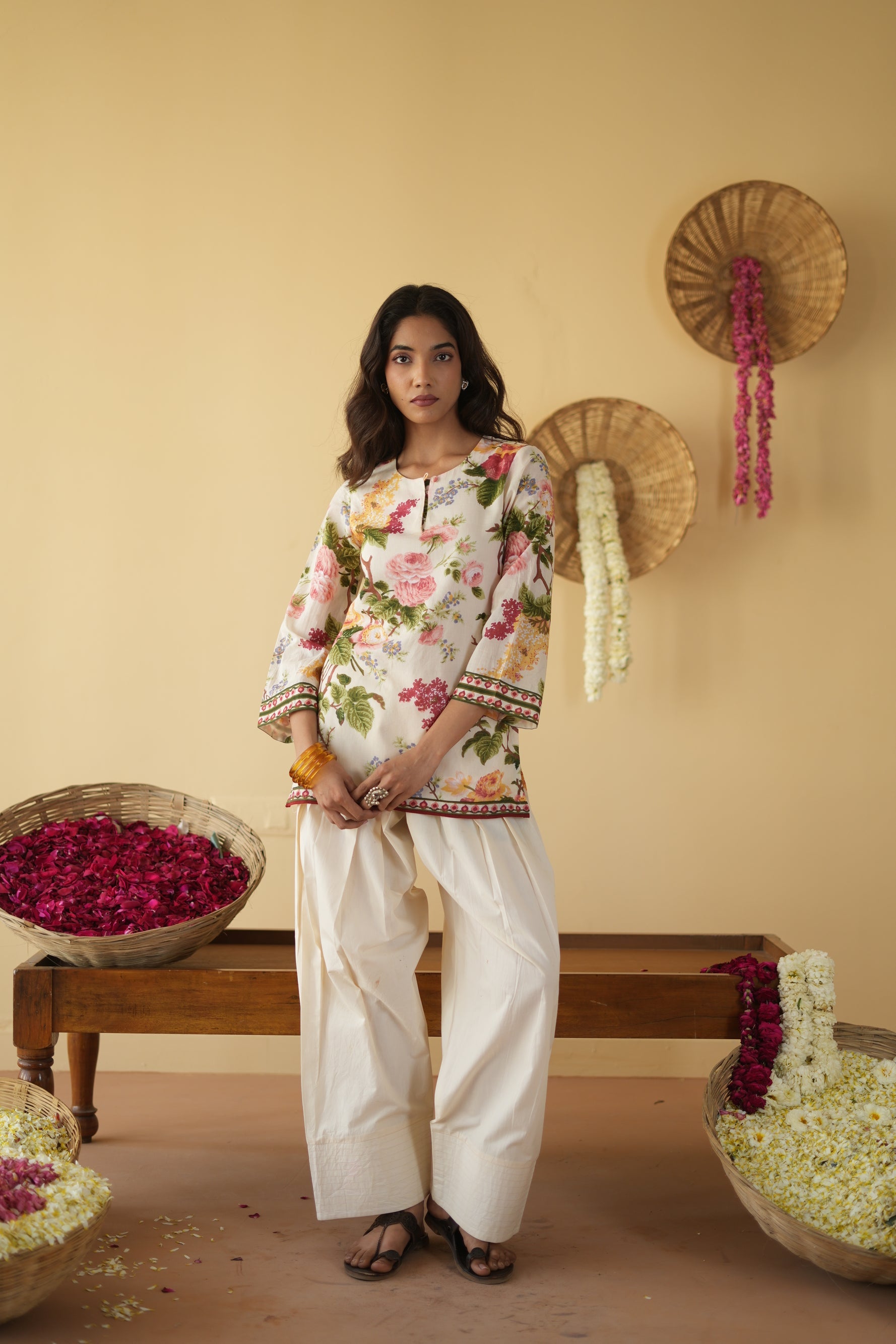 OFF WHITE NEHER KURTA WITH FARSI SALWAR SET OF 3