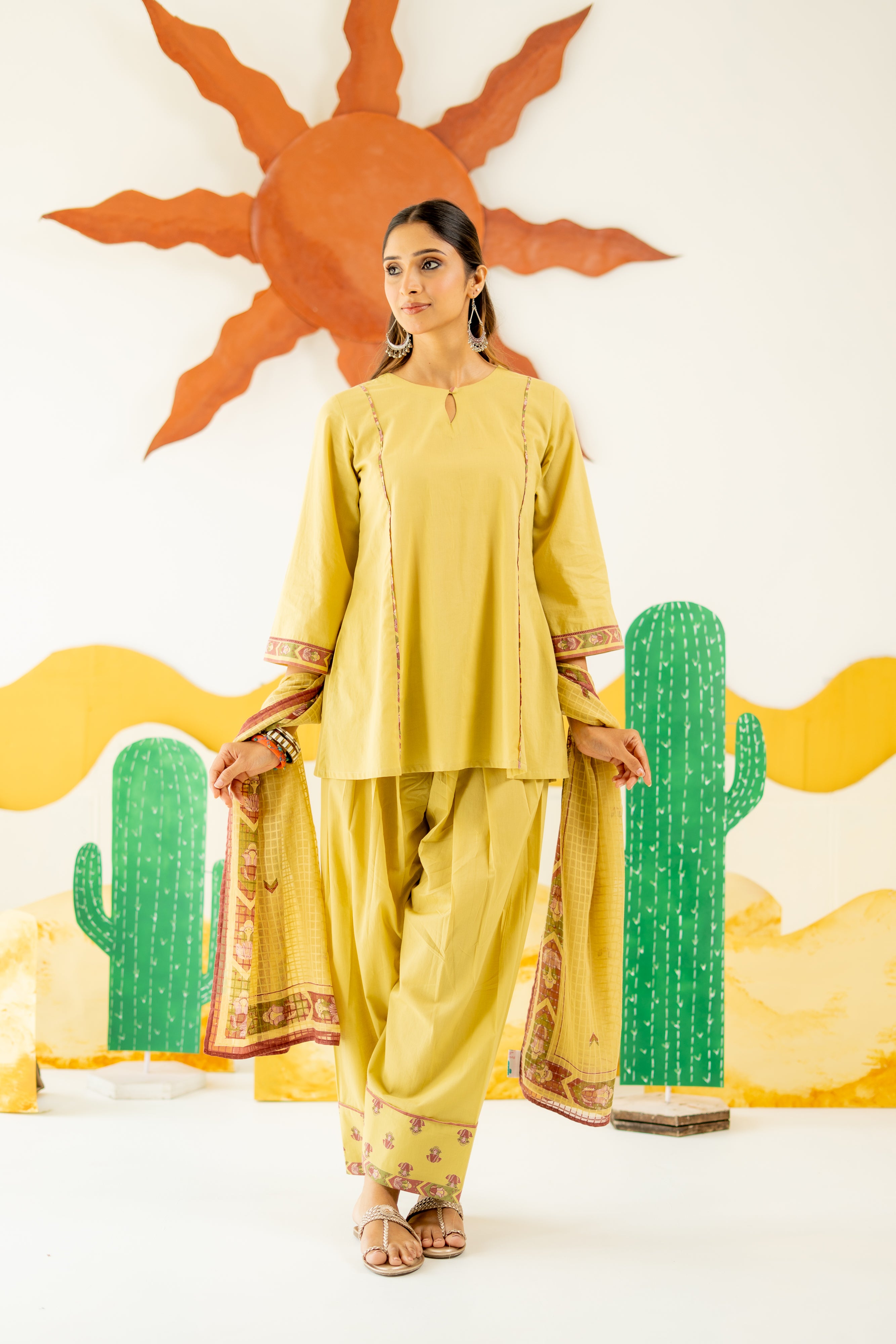 WARM OLIVE MAYARA KURTA AND FARSI SALWAR SET OF 3