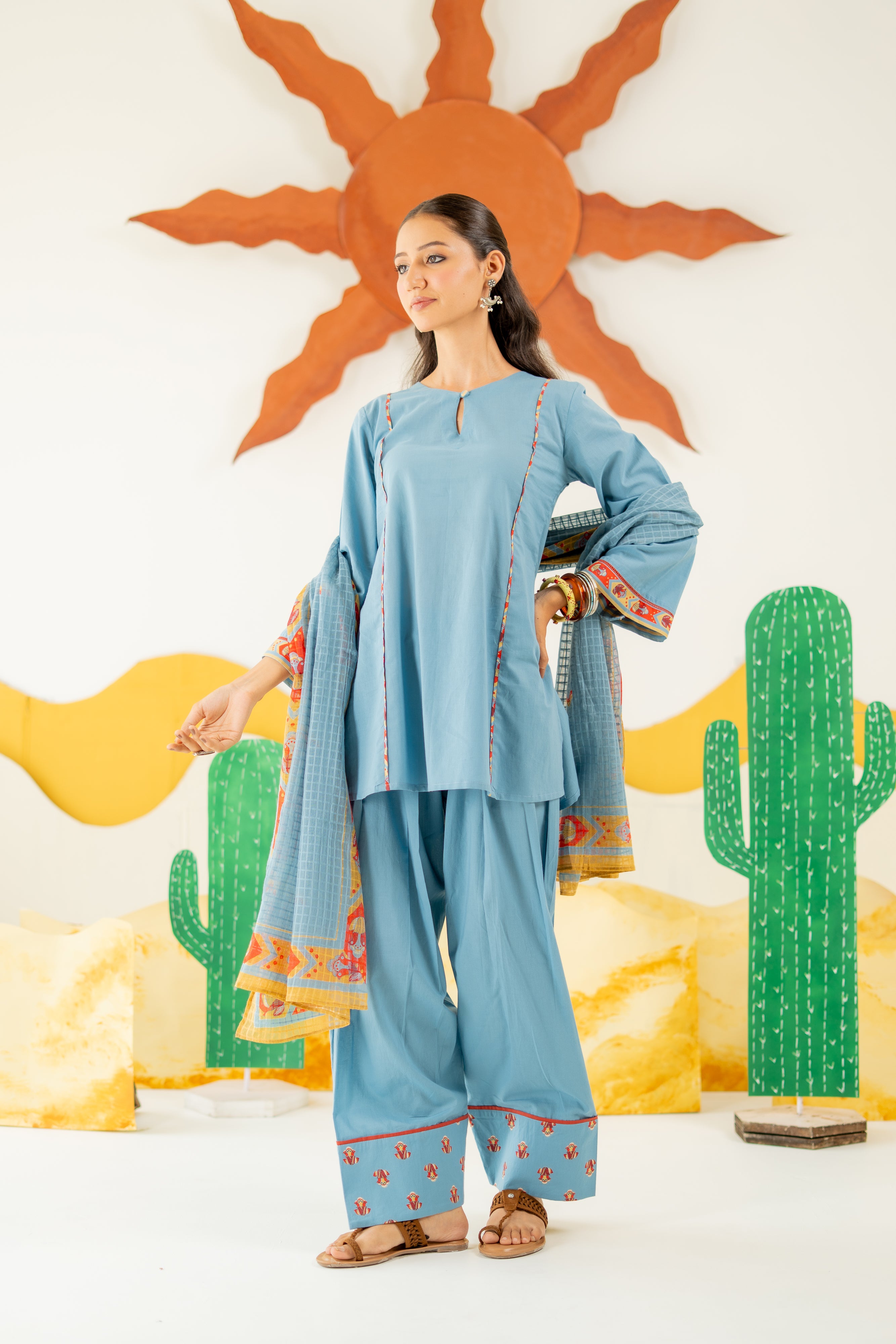 HERITAGE BLUE MAYARA KURTA AND FARSI SALWAR SET OF 3