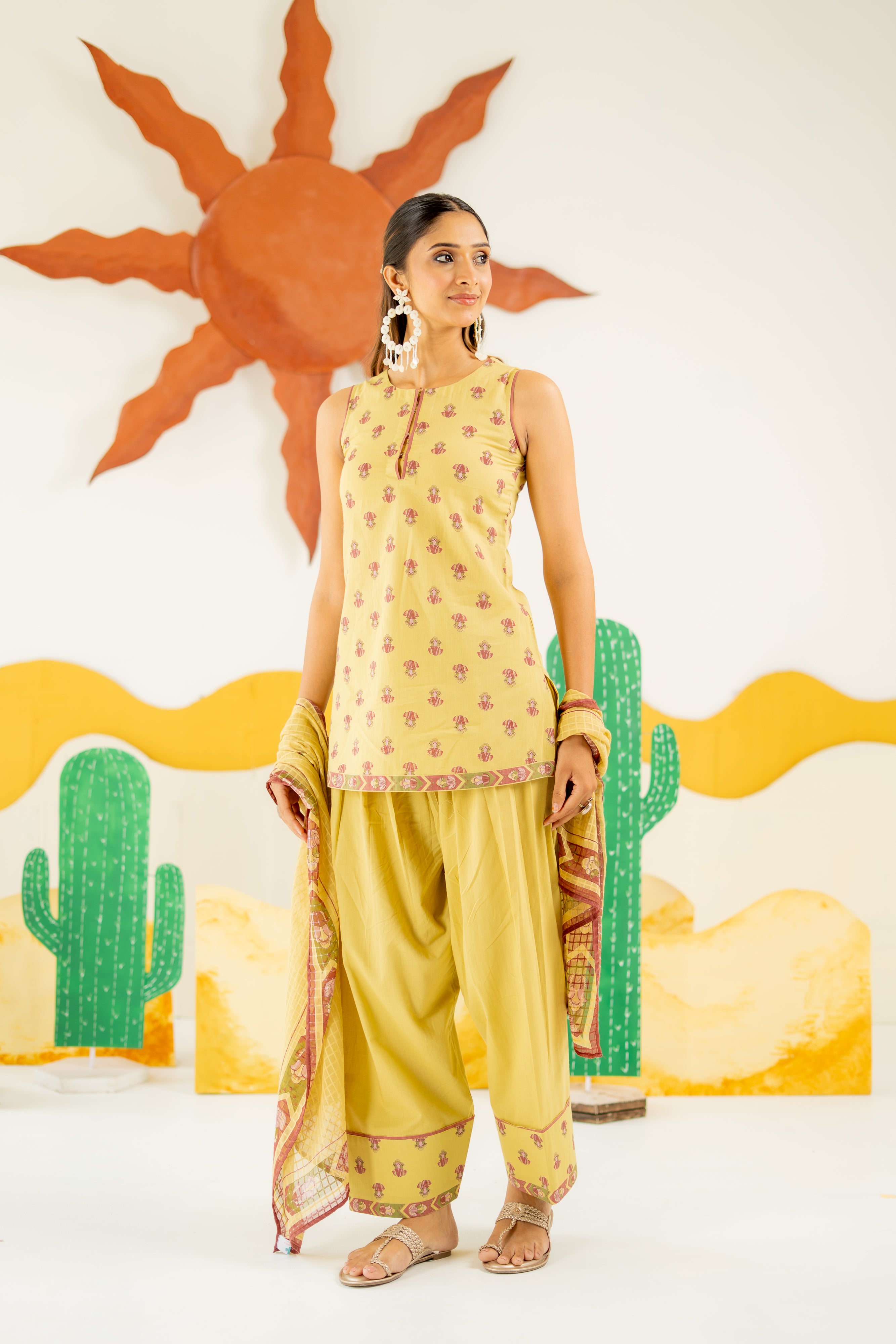 WARM OLIVE KAIRA KURTA AND FARSI SALWAR SET OF 3