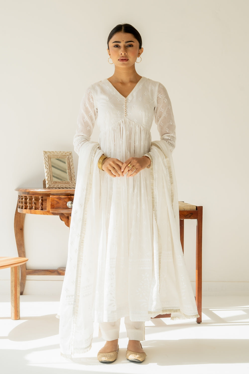 Khwabeeda All White Full Sleeves Anarkali Set (RTS)