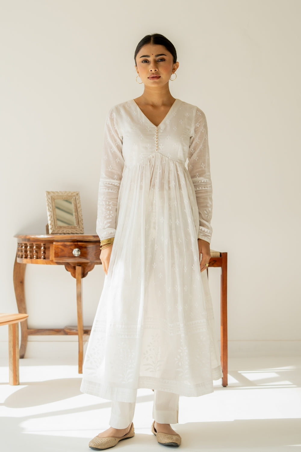 Khwabeeda All White Full Sleeves Anarkali Set (RTS)